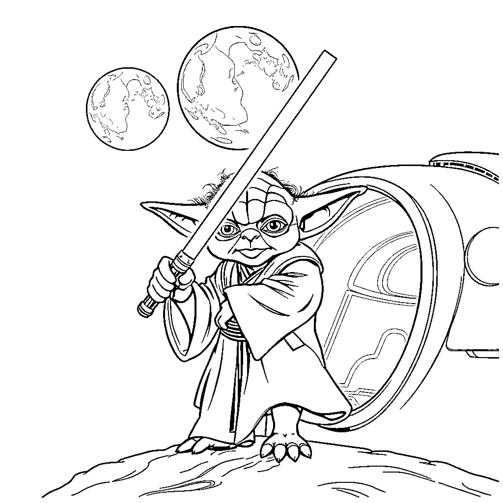 Yoda wielding a lightsaber in a cosmic setting Coloring Page (free black-and-white line drawing printable PDF for all, from beginners to advanced learners, including children, teens, adults, and seniors)