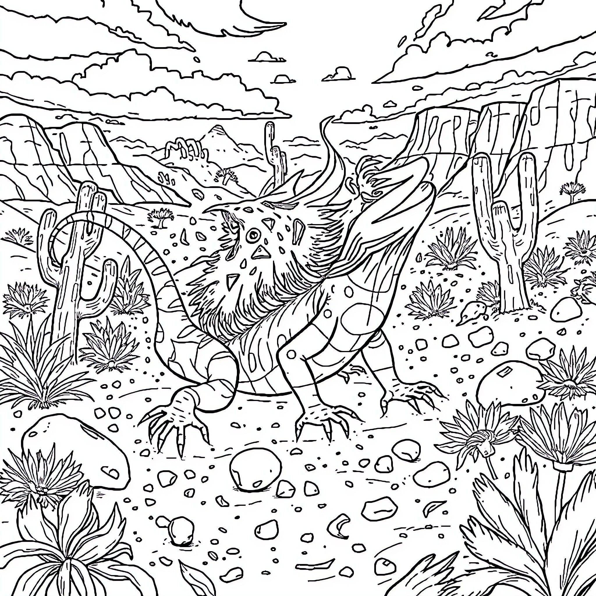 Whiptail Lizard in the Desert Landscape Coloring Page (free black-and-white line drawing printable PDF for all, from beginners to advanced learners, including children, teens, adults, and seniors)