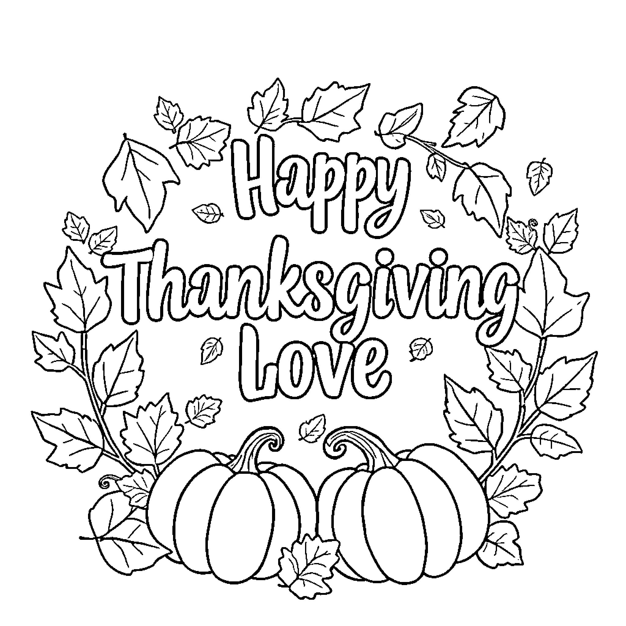 Thanksgiving Quote with Pumpkins and Leaves Coloring Page (free black-and-white line drawing printable PDF for all, from beginners to advanced learners, including children, teens, adults, and seniors)