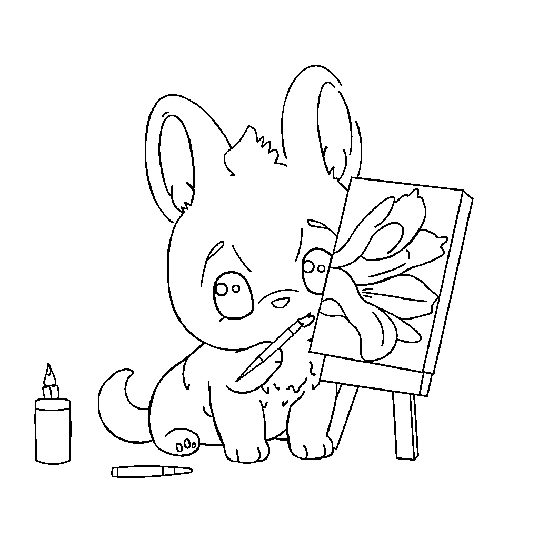 Cinnamoroll painting a picture happily Coloring Page (free black-and-white line drawing printable PDF for all, from beginners to advanced learners, including children, teens, adults, and seniors)