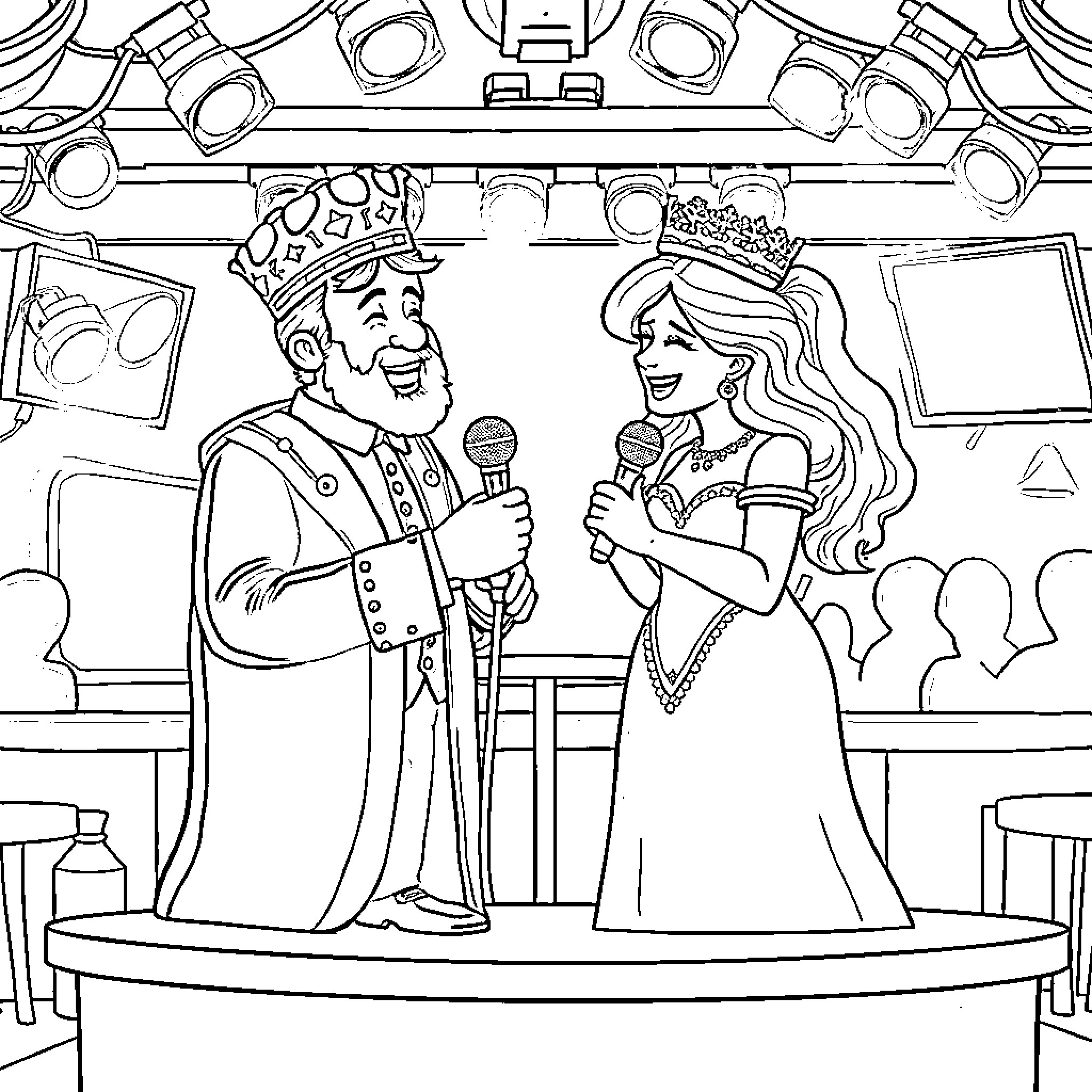 King and Queen Performing on Stage Coloring Page (free black-and-white line drawing printable PDF for all, from beginners to advanced learners, including children, teens, adults, and seniors)