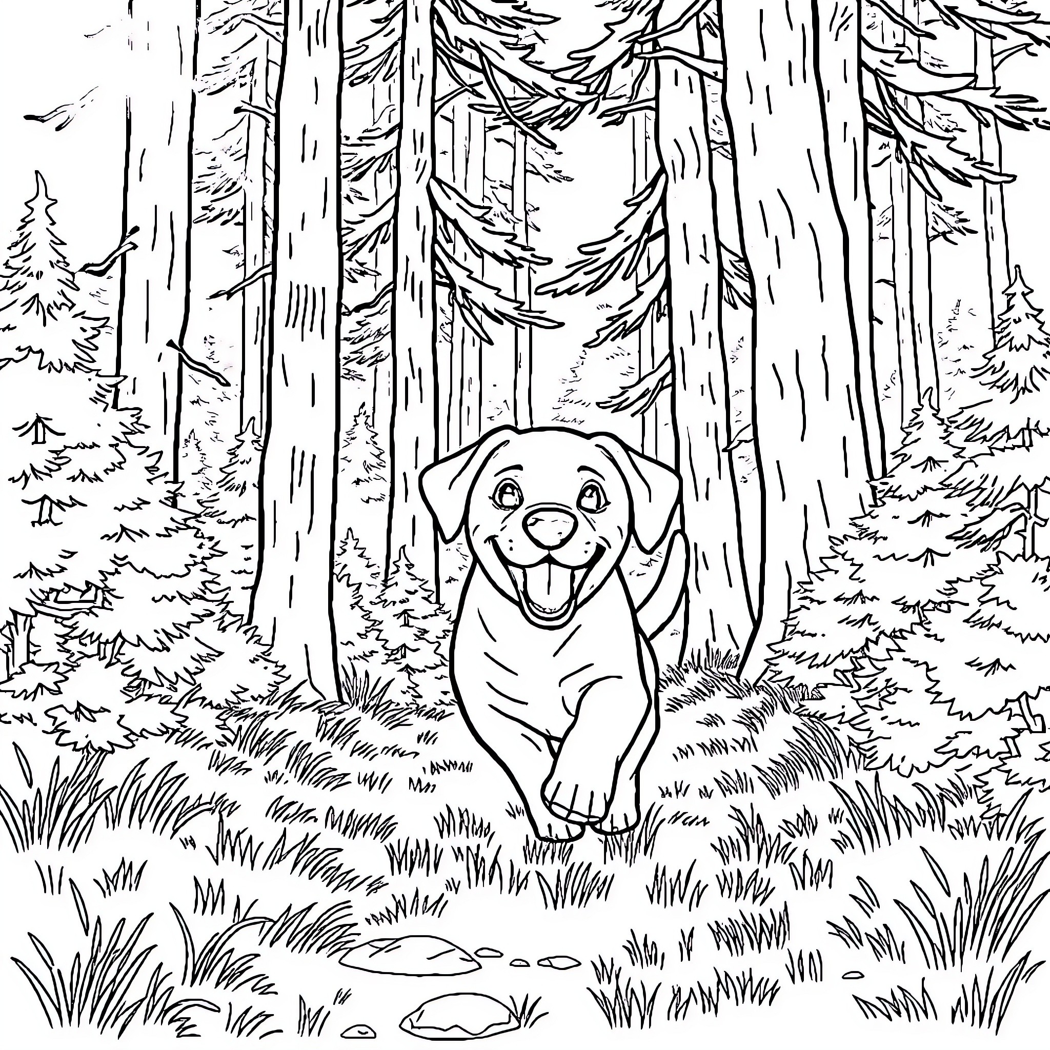 Puppy Exploring the Enchanting Forest Coloring Page (free black-and-white line drawing printable PDF for all, from beginners to advanced learners, including children, teens, adults, and seniors)