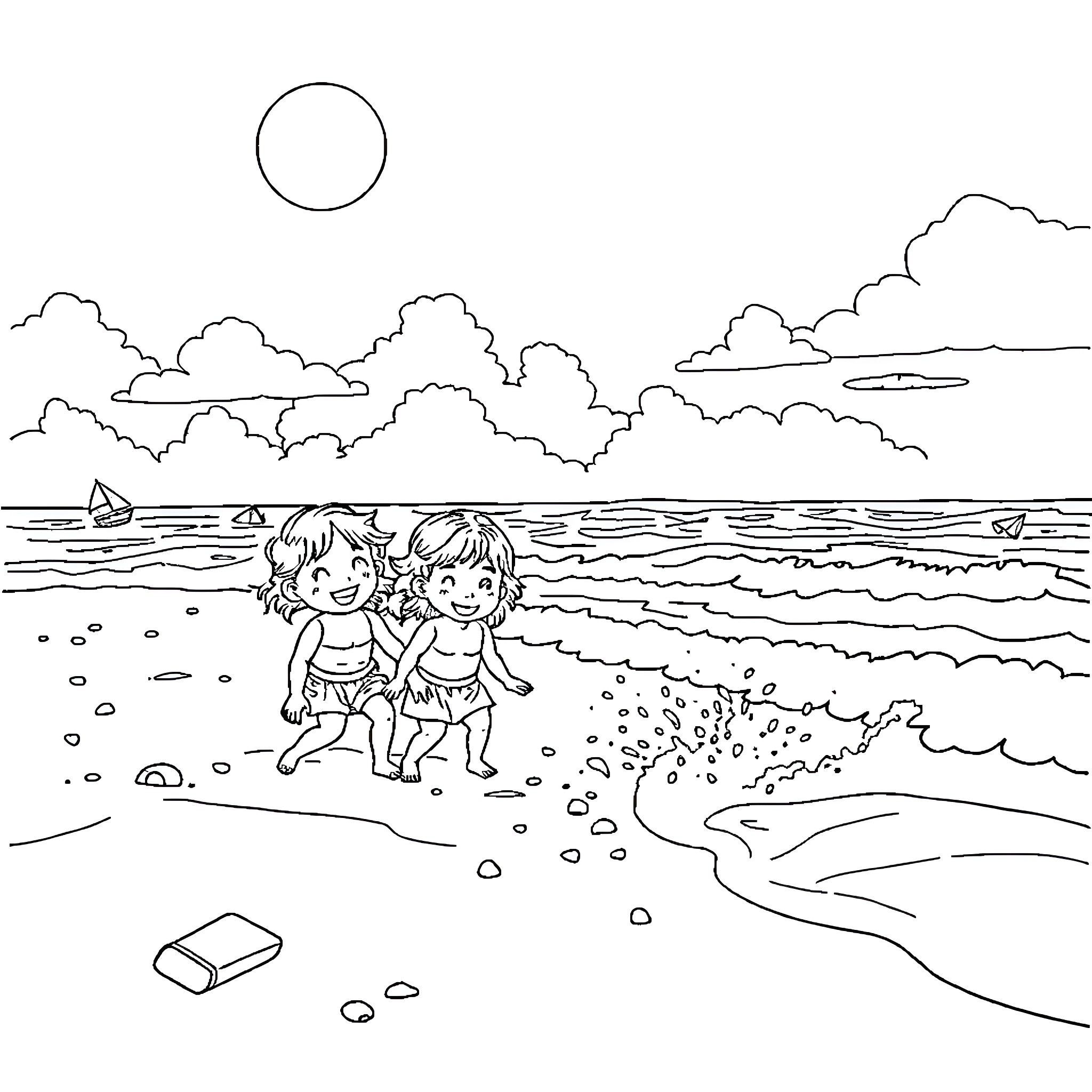 Beach with children playing in the waves Coloring Page (free black-and-white line drawing printable PDF for all, from beginners to advanced learners, including children, teens, adults, and seniors)