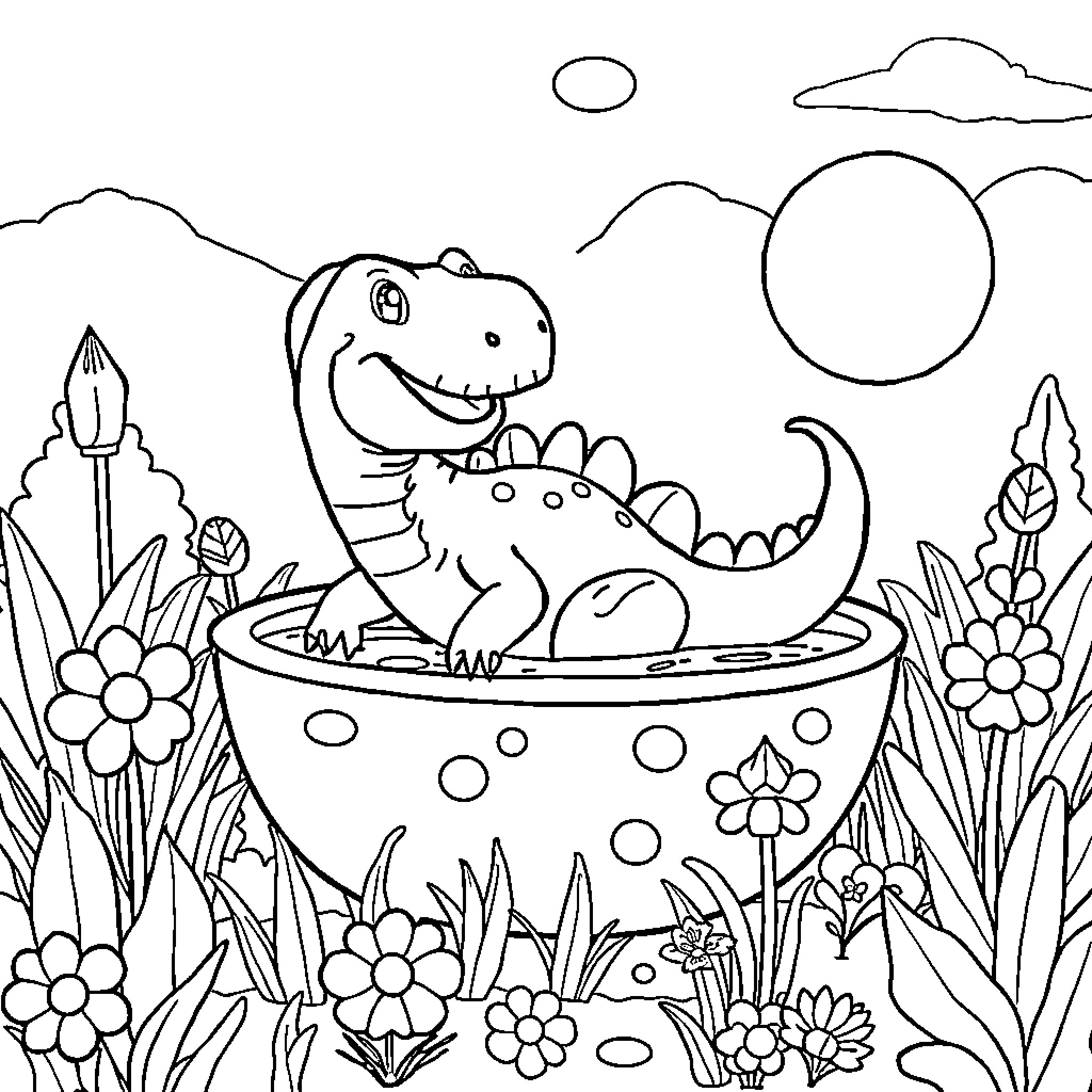 Dino enjoying a relaxing bath in a flower-filled garden Coloring Page (free black-and-white line drawing printable PDF for all, from beginners to advanced learners, including children, teens, adults, and seniors)