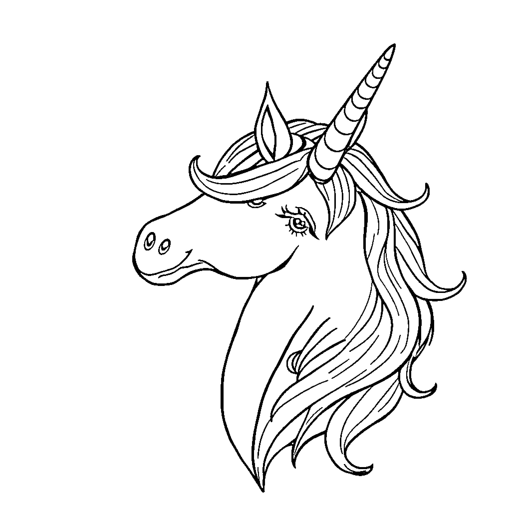 Unicorn with Flowing Mane and Horn Coloring Page (free black-and-white line drawing printable PDF for all, from beginners to advanced learners, including children, teens, adults, and seniors)