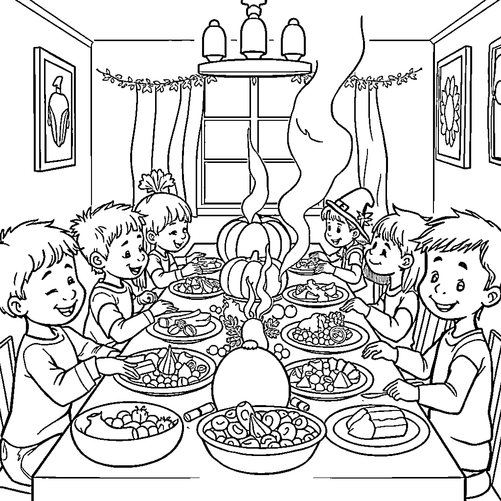 Kid's family enjoying holiday feast together Coloring Page (free black-and-white line drawing printable PDF for all, from beginners to advanced learners, including children, teens, adults, and seniors)