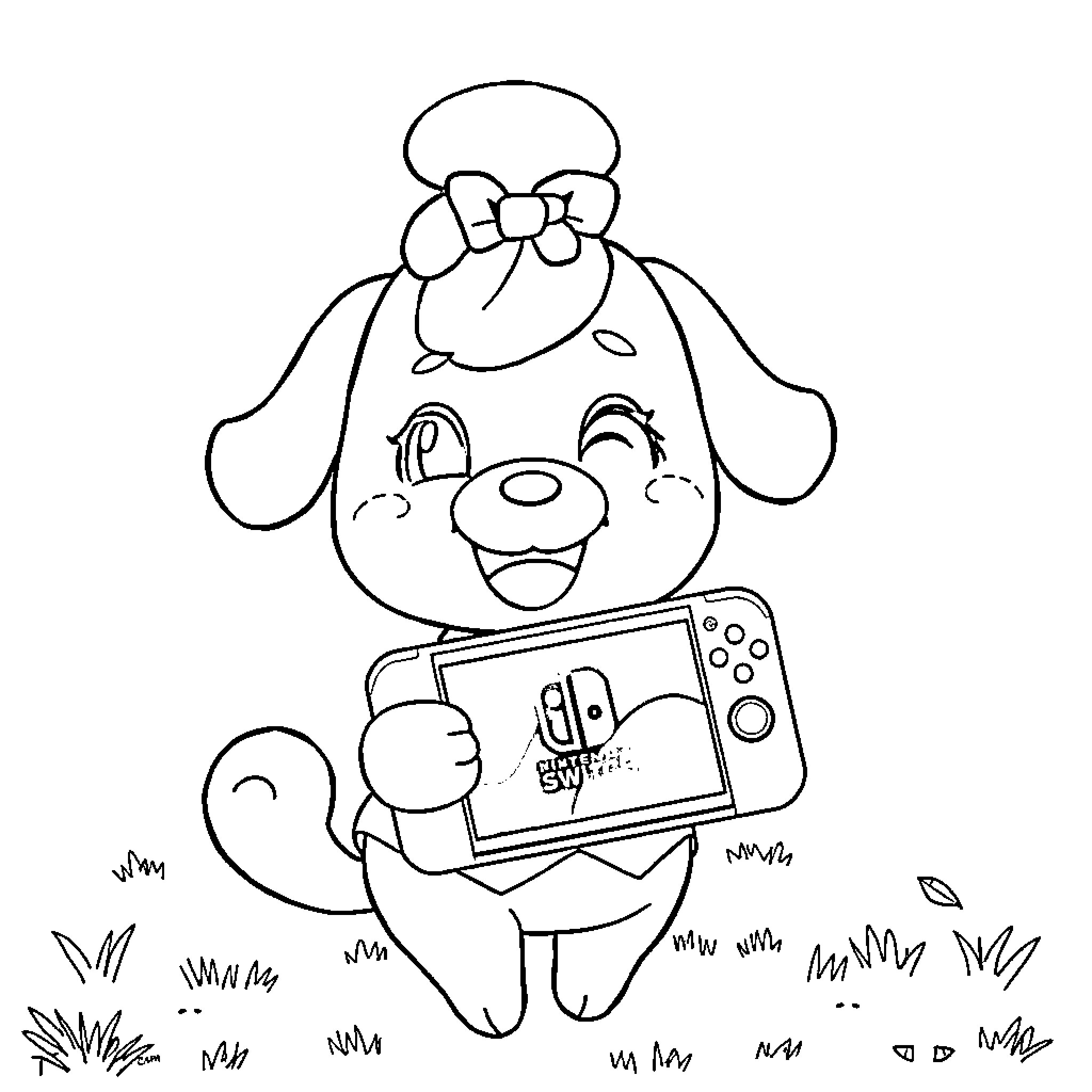Isabelle playing happily with her Nintendo Switch Coloring Page (free black-and-white line drawing printable PDF for all, from beginners to advanced learners, including children, teens, adults, and seniors)