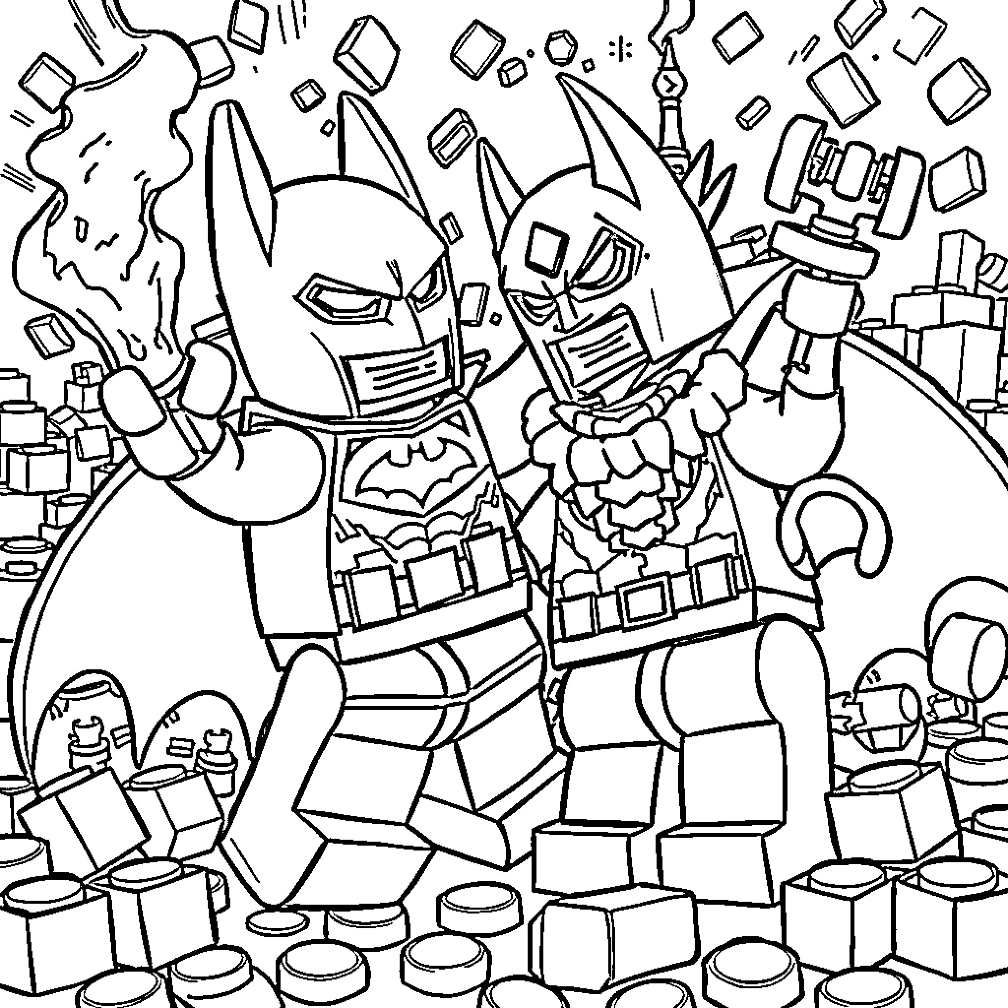Lego Batman and Lego Robin facing off against destruction Coloring Page (free black-and-white line drawing printable PDF for all, from beginners to advanced learners, including children, teens, adults, and seniors)