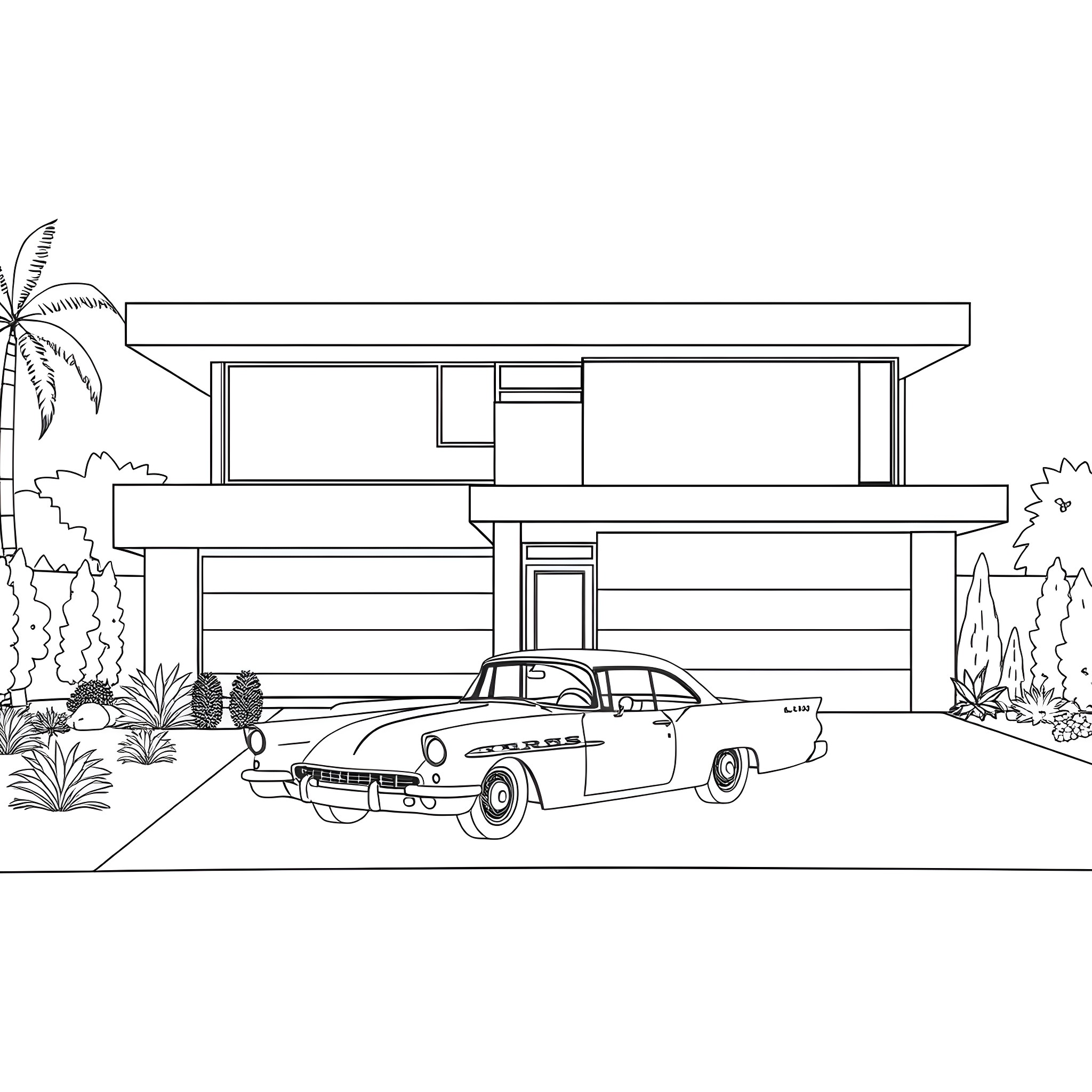 House with vintage car in modern neighborhood Coloring Page (free black-and-white line drawing printable PDF for all, from beginners to advanced learners, including children, teens, adults, and seniors)