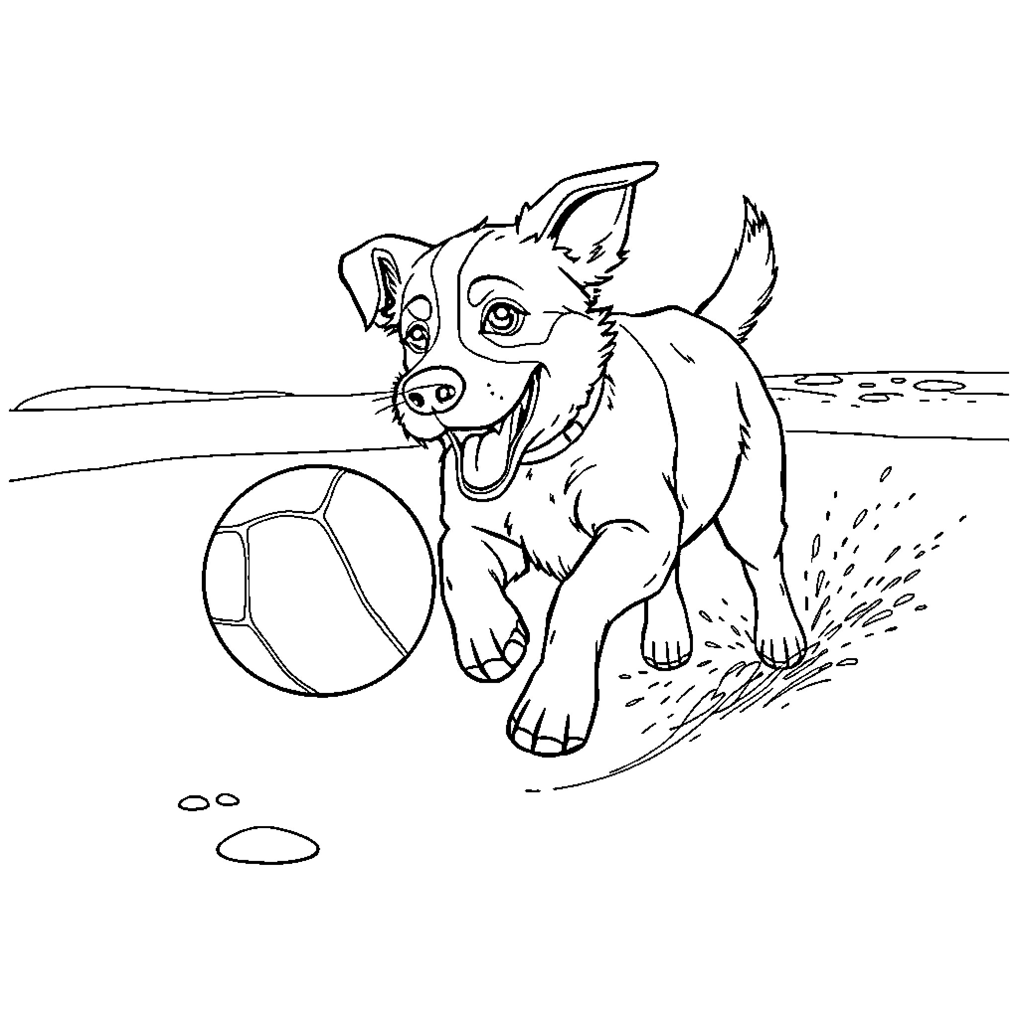 Dog playing with ball on beach Coloring Page (free black-and-white line drawing printable PDF for all, from beginners to advanced learners, including children, teens, adults, and seniors)