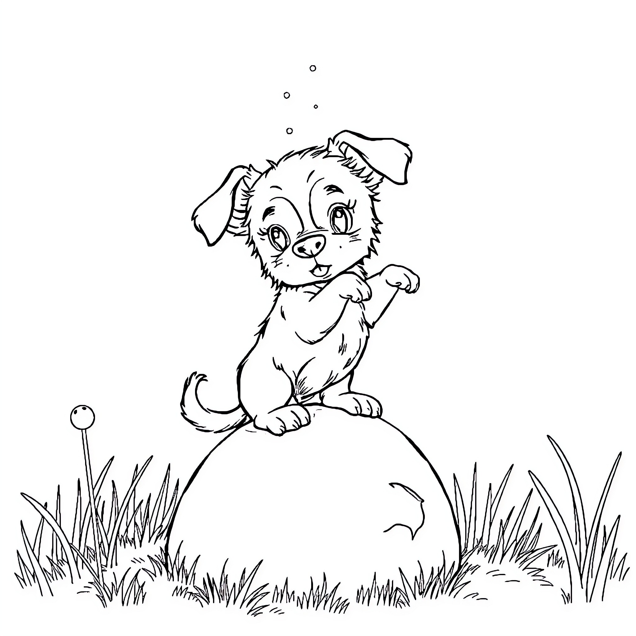 Dog playing happily in the park Coloring Page (free black-and-white line drawing printable PDF for all, from beginners to advanced learners, including children, teens, adults, and seniors)