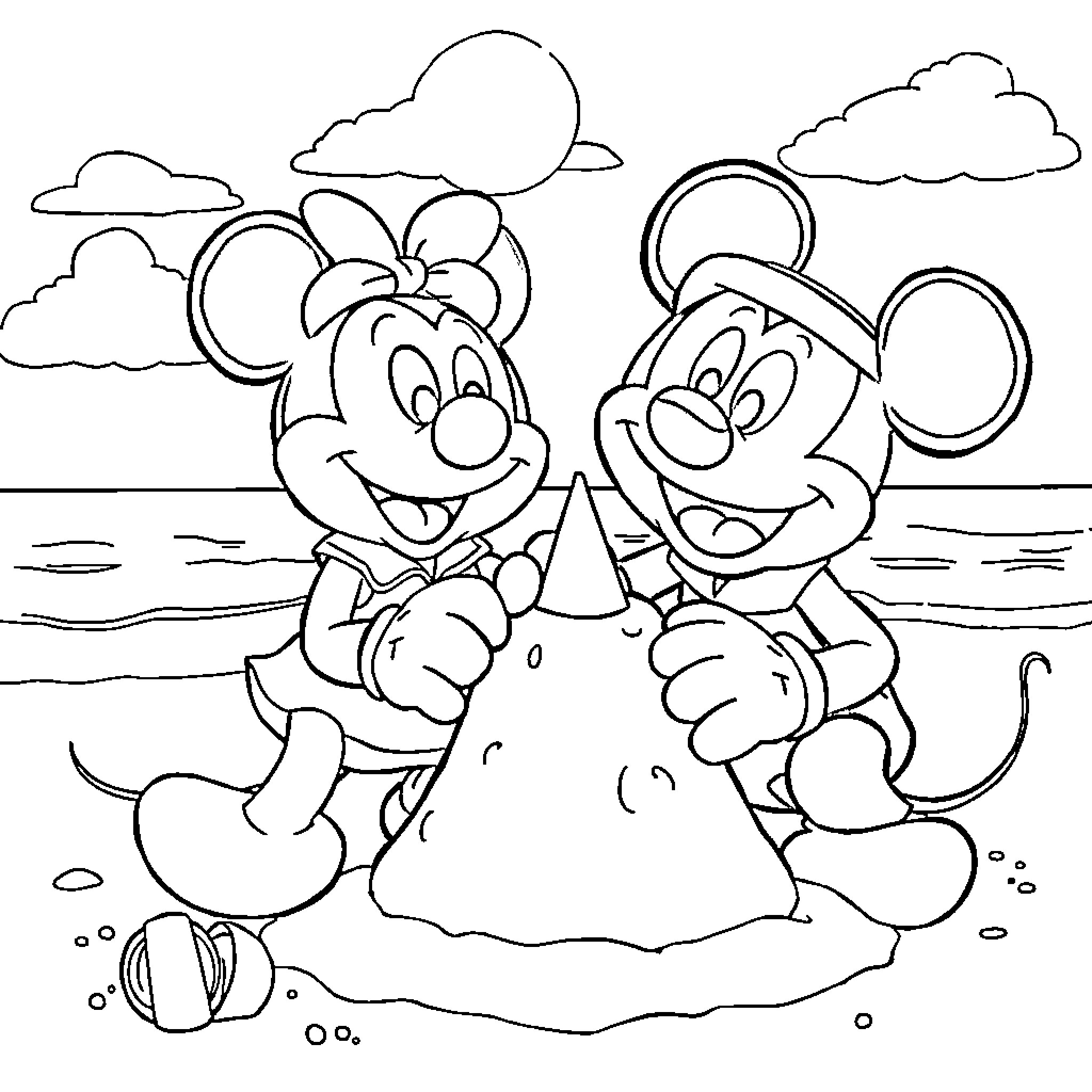 Elmo and Mickey building sandcastles at the beach Coloring Page (free black-and-white line drawing printable PDF for all, from beginners to advanced learners, including children, teens, adults, and seniors)