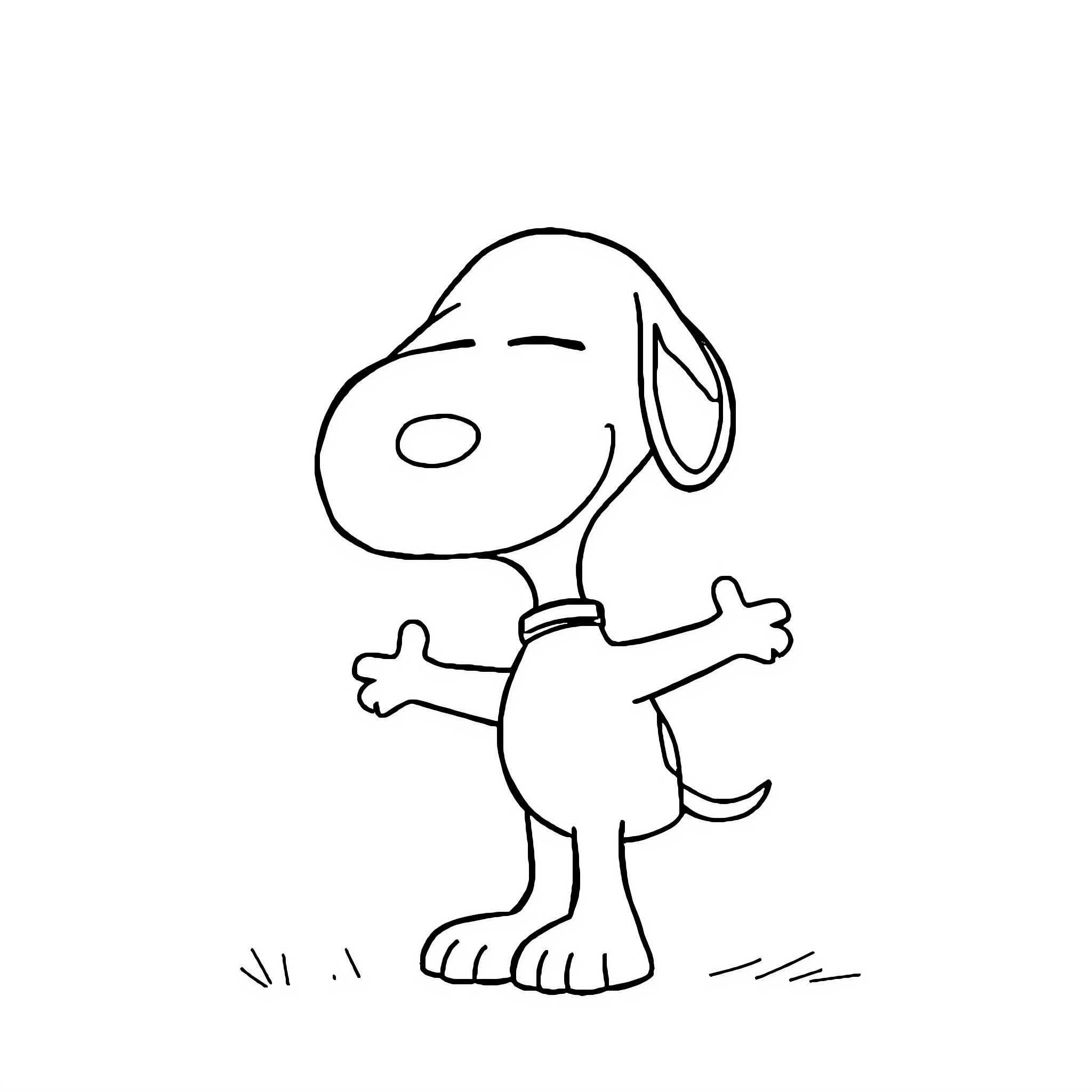 Snoopy holding a bone and looking happy Coloring Page (free black-and-white line drawing printable PDF for all, from beginners to advanced learners, including children, teens, adults, and seniors)
