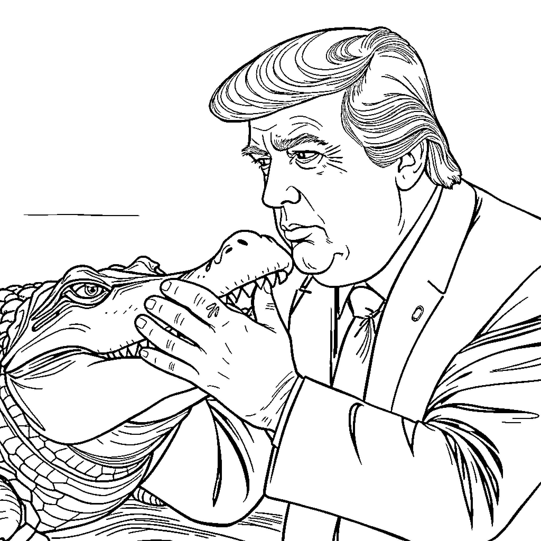 Donald Trump Confronts Aggressive Alligator in Suit Coloring Page (free black-and-white line drawing printable PDF for all, from beginners to advanced learners, including children, teens, adults, and seniors)