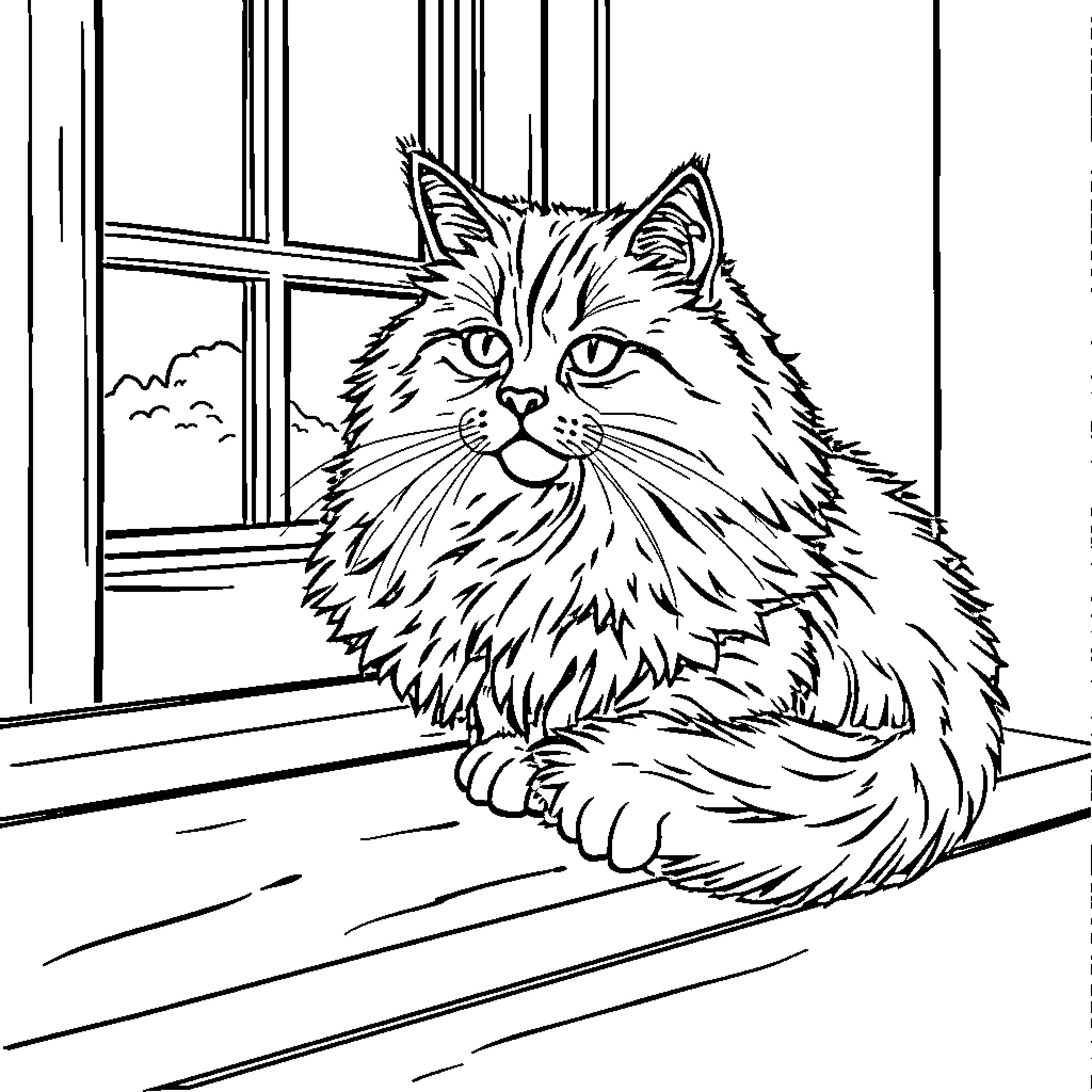 Cat watching intently through window Coloring Page (free black-and-white line drawing printable PDF for all, from beginners to advanced learners, including children, teens, adults, and seniors)