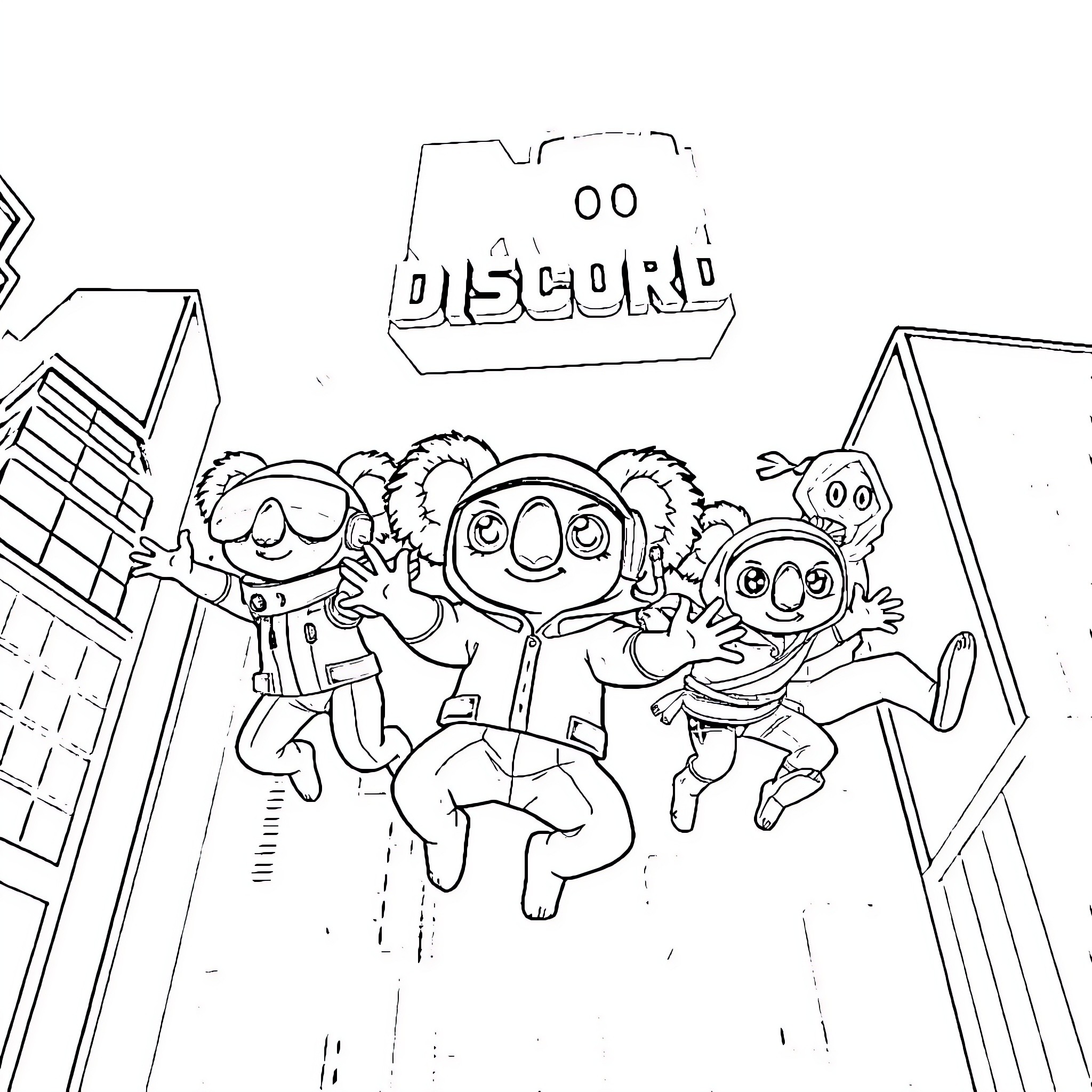 Pepe and Cartoon Characters Jumping Excitedly Coloring Page (free black-and-white line drawing printable PDF for all, from beginners to advanced learners, including children, teens, adults, and seniors)