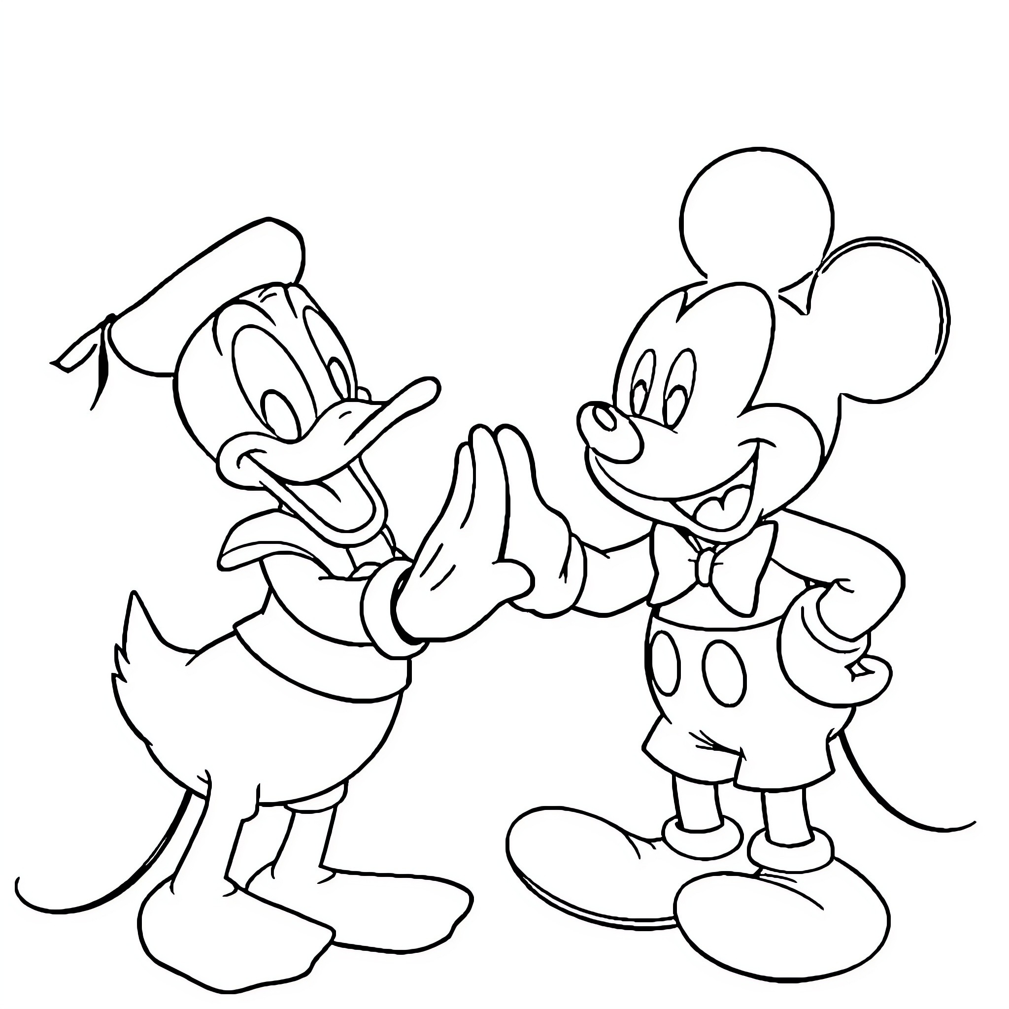 Donald Duck and Mickey Mouse in a cartoon scene Coloring Page (free black-and-white line drawing printable PDF for all, from beginners to advanced learners, including children, teens, adults, and seniors)