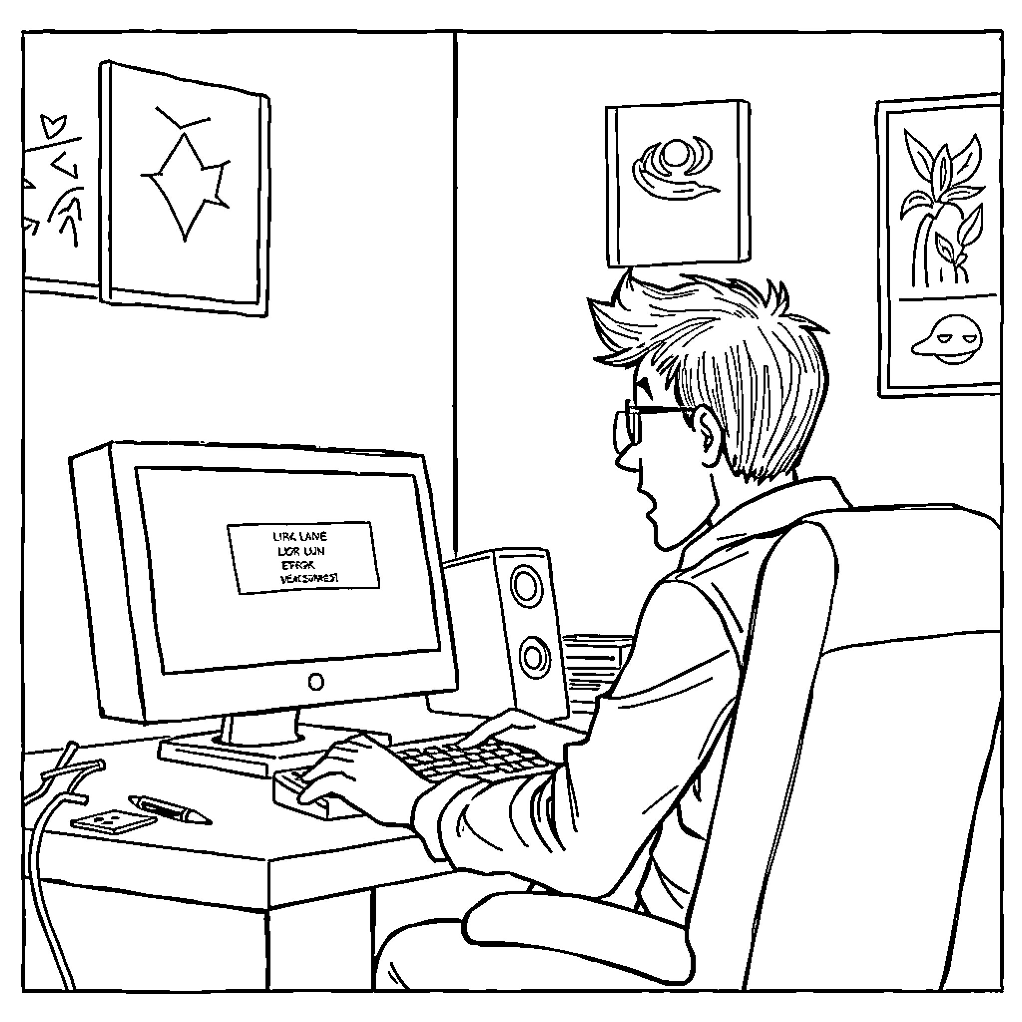 Guy focused on computer in his bedroom Coloring Page (free black-and-white line drawing printable PDF for all, from beginners to advanced learners, including children, teens, adults, and seniors)