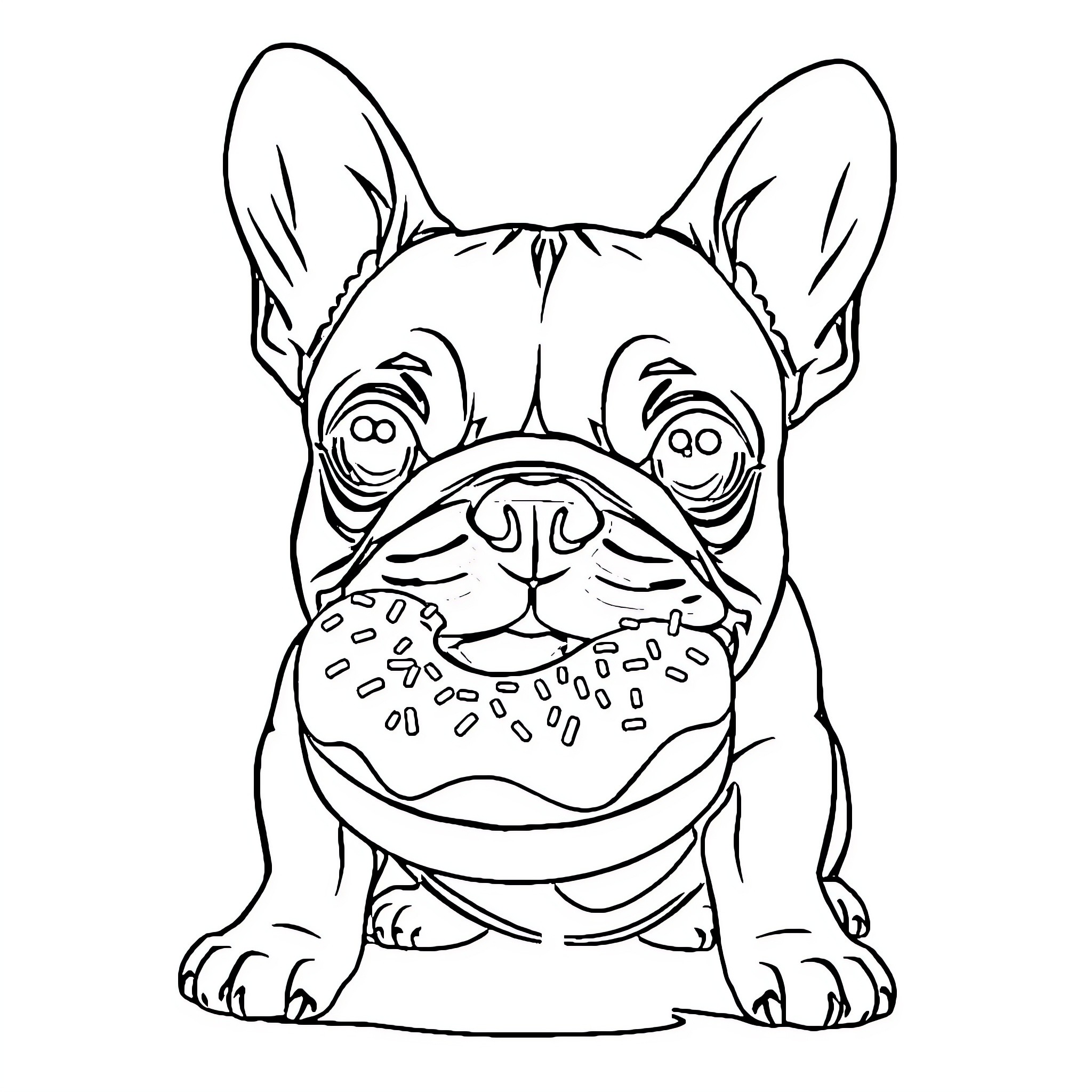 French Bulldog enjoying a snack Coloring Page (free black-and-white line drawing printable PDF for all, from beginners to advanced learners, including children, teens, adults, and seniors)