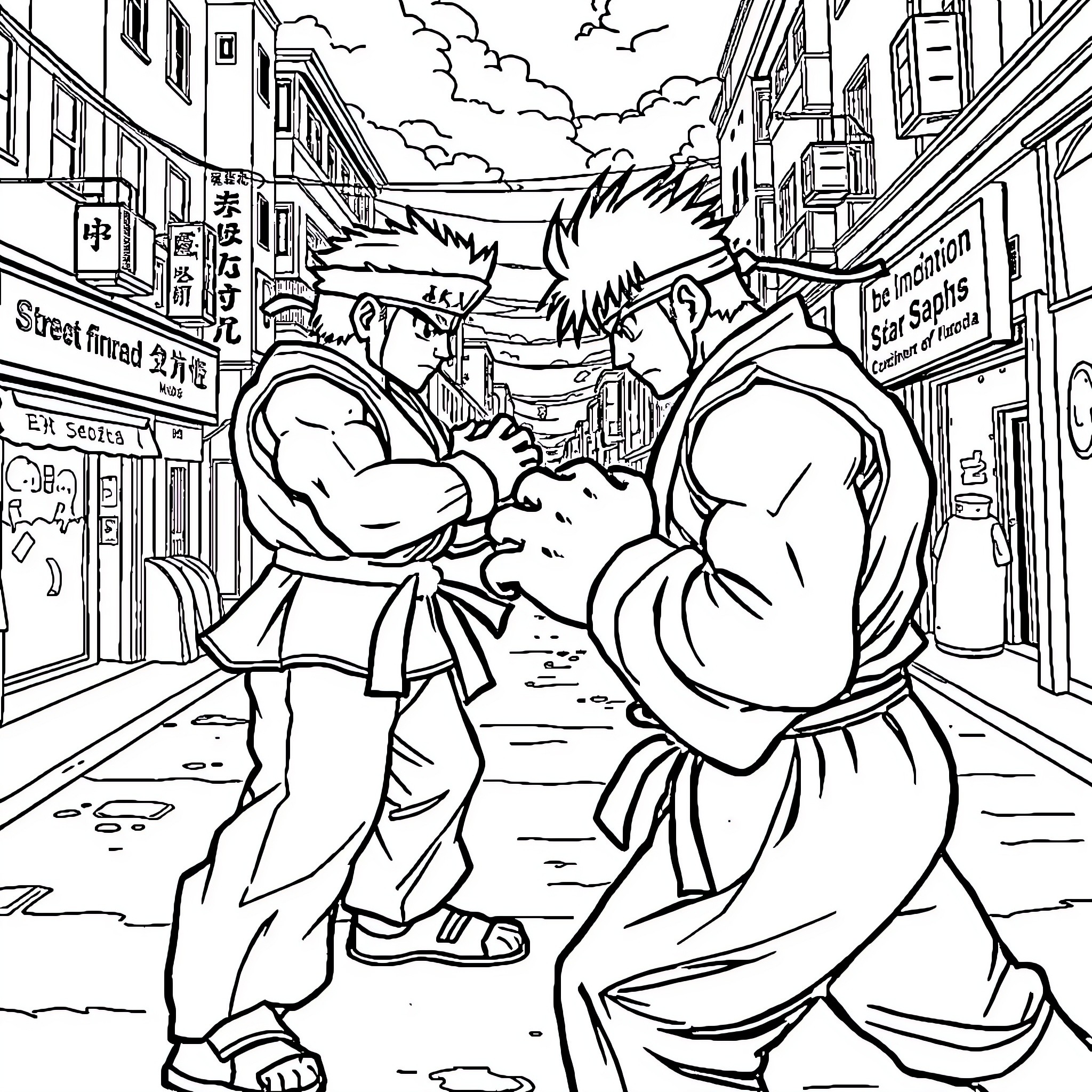Street Fighter - Intense Martial Arts Showdown on City Streets Coloring Page (free black-and-white line drawing printable PDF for all, from beginners to advanced learners, including children, teens, adults, and seniors)