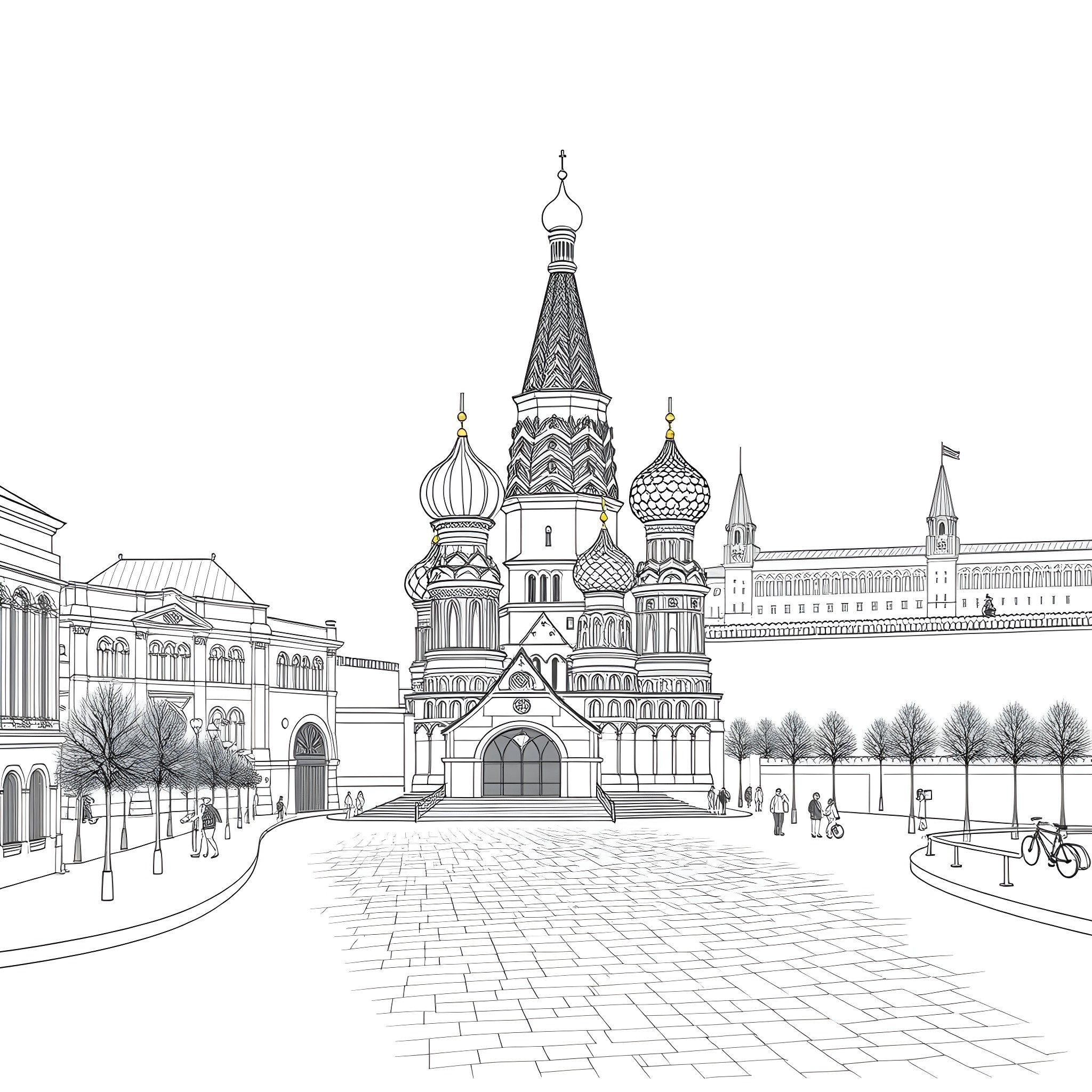 Square with iconic Russian architecture and scenery Coloring Page (free black-and-white line drawing printable PDF for all, from beginners to advanced learners, including children, teens, adults, and seniors)
