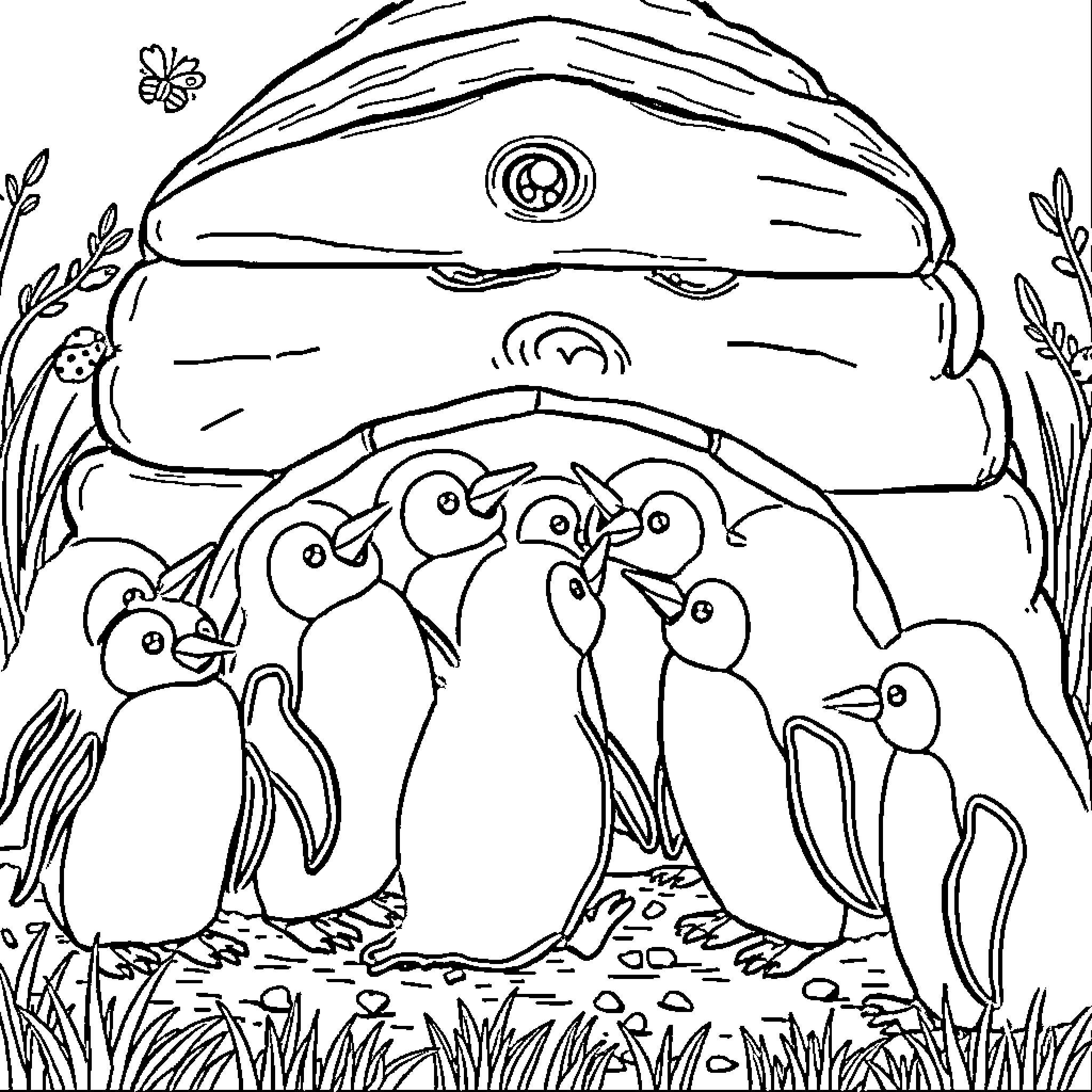 Penguins huddling together in a snowy landscape Coloring Page (free black-and-white line drawing printable PDF for all, from beginners to advanced learners, including children, teens, adults, and seniors)