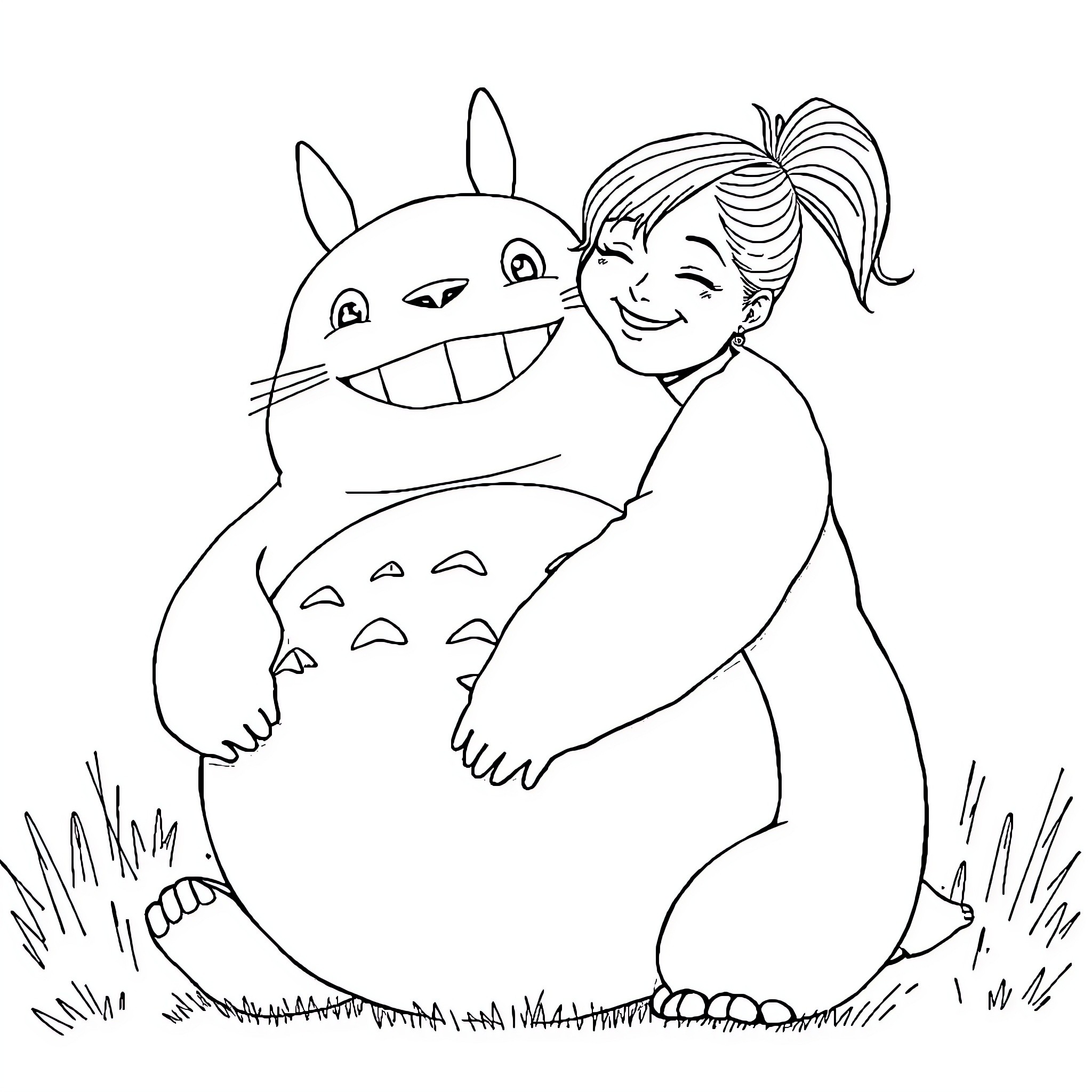 Woman embracing joyful creature in nature Coloring Page (free black-and-white line drawing printable PDF for all, from beginners to advanced learners, including children, teens, adults, and seniors)