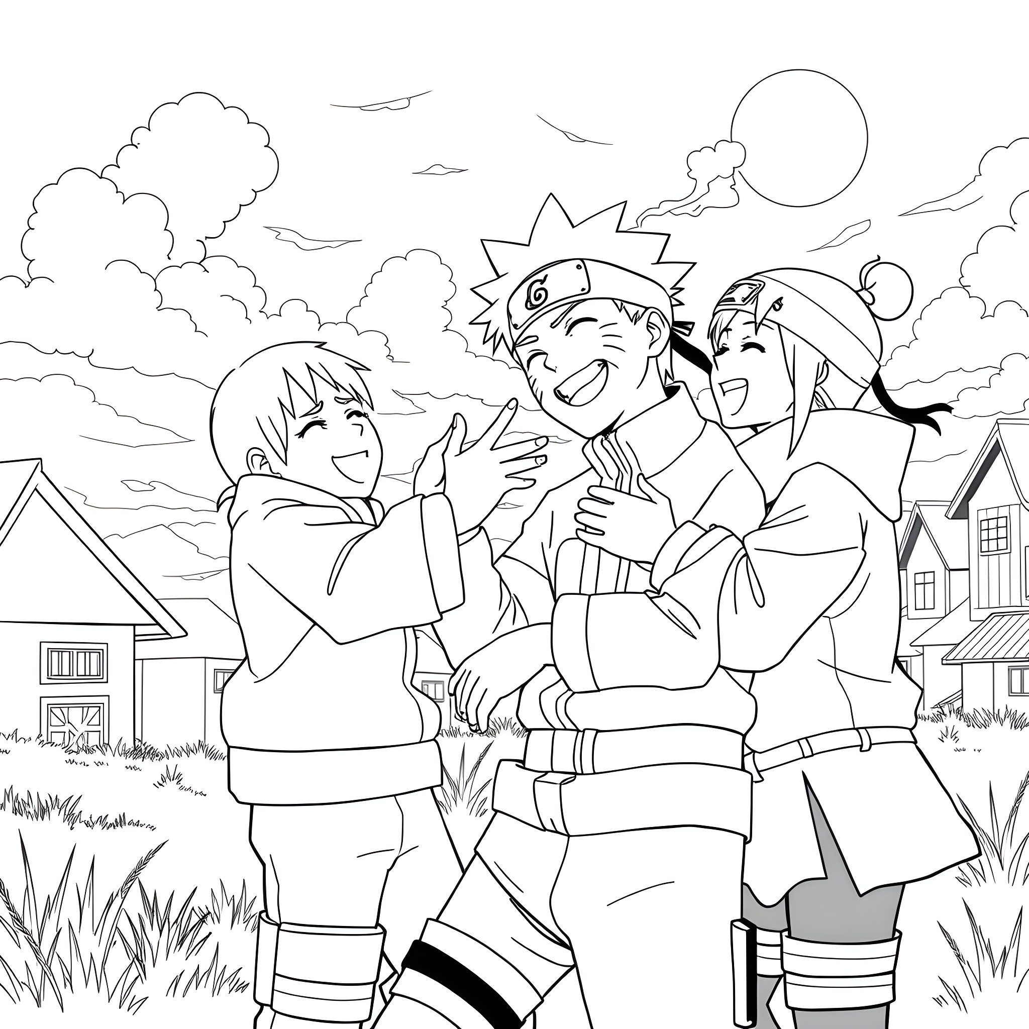 Naruto and friends celebrating in the village Coloring Page (free black-and-white line drawing printable PDF for all, from beginners to advanced learners, including children, teens, adults, and seniors)