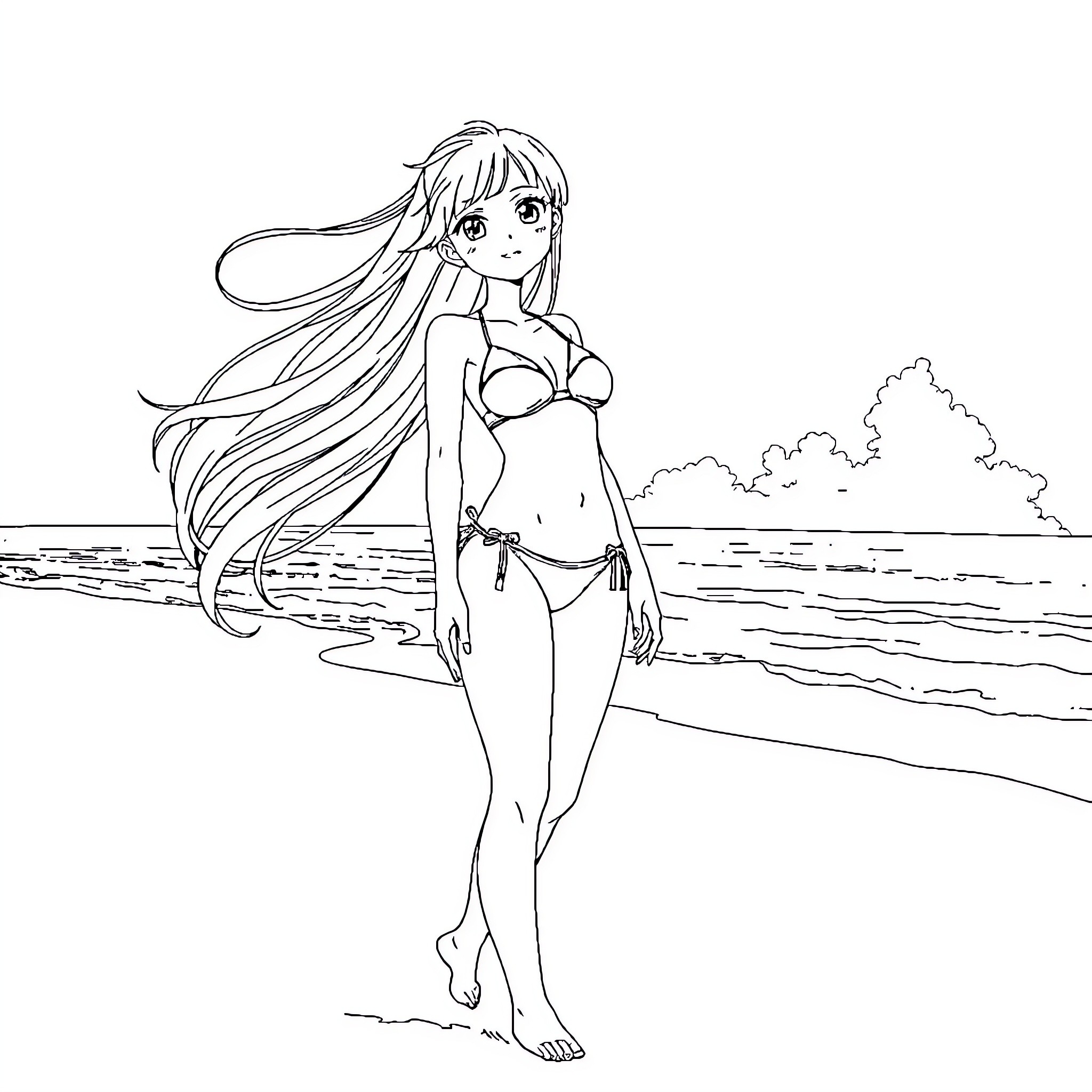 Anime Girl in Bikini on Beach Coloring Page (free black-and-white line drawing printable PDF for all, from beginners to advanced learners, including children, teens, adults, and seniors)
