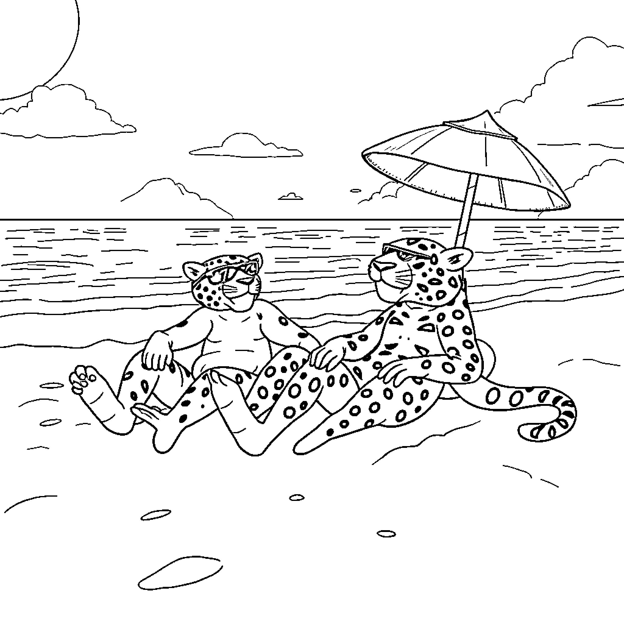 Atari Jaguar Character Relaxing on the Beach Coloring Page (free black-and-white line drawing printable PDF for all, from beginners to advanced learners, including children, teens, adults, and seniors)