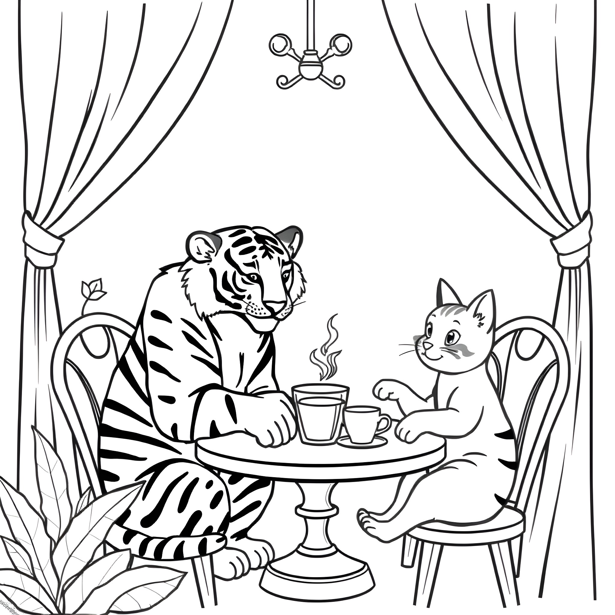 Tiger and cat having tea in an elegant room Coloring Page (free black-and-white line drawing printable PDF for all, from beginners to advanced learners, including children, teens, adults, and seniors)