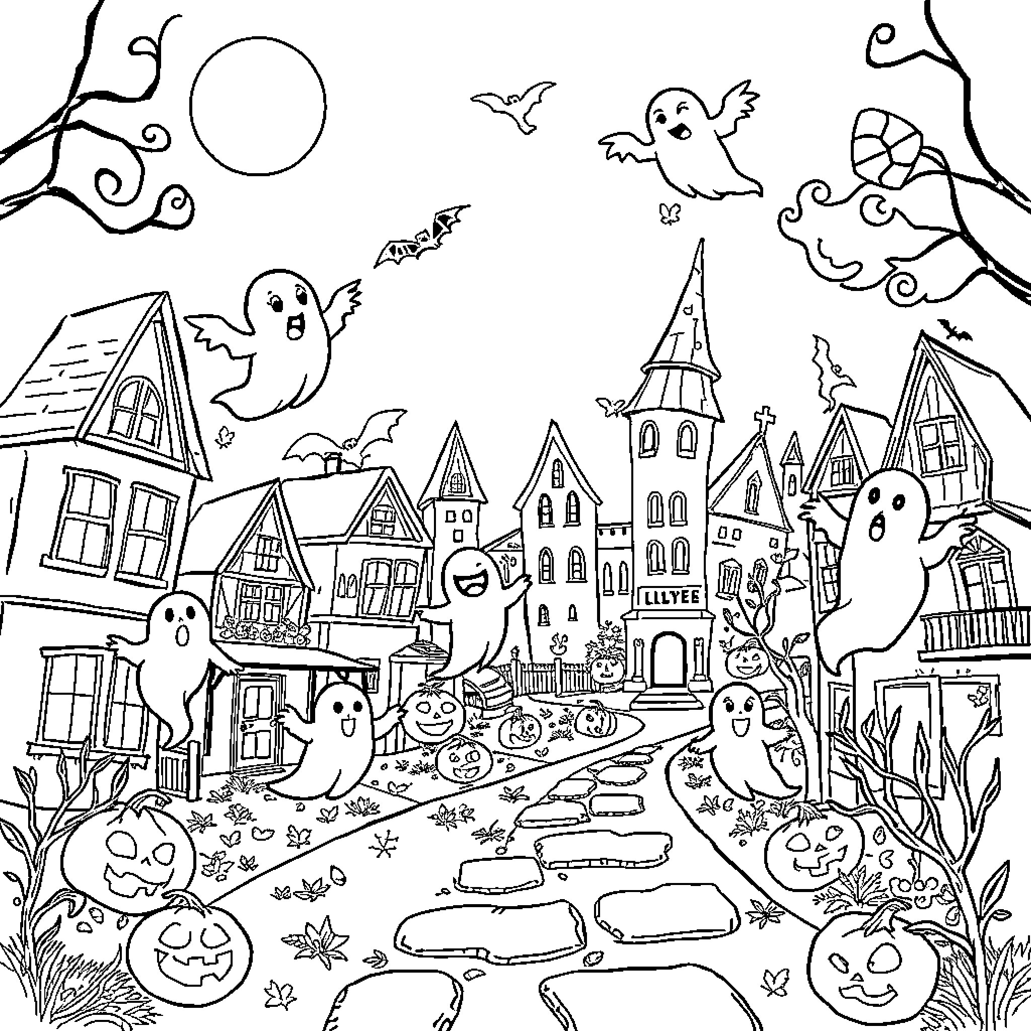 Ghost Town Haunted by Playful Phantoms Coloring Page (free black-and-white line drawing printable PDF for all, from beginners to advanced learners, including children, teens, adults, and seniors)
