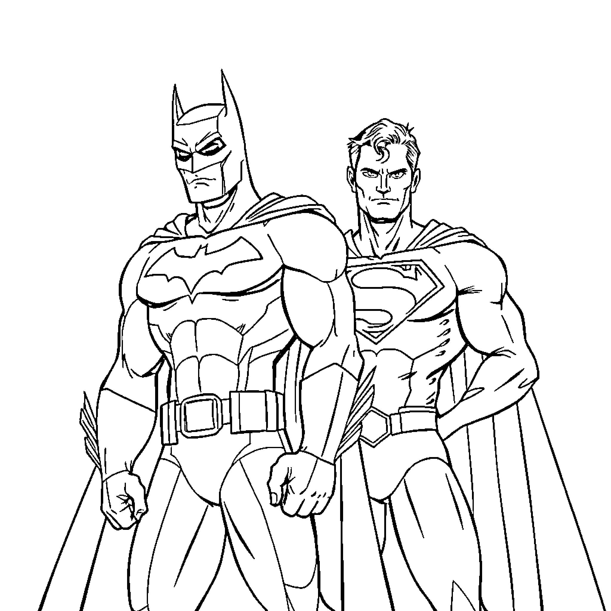 Batman and Superman in heroic poses Coloring Page (free black-and-white line drawing printable PDF for all, from beginners to advanced learners, including children, teens, adults, and seniors)