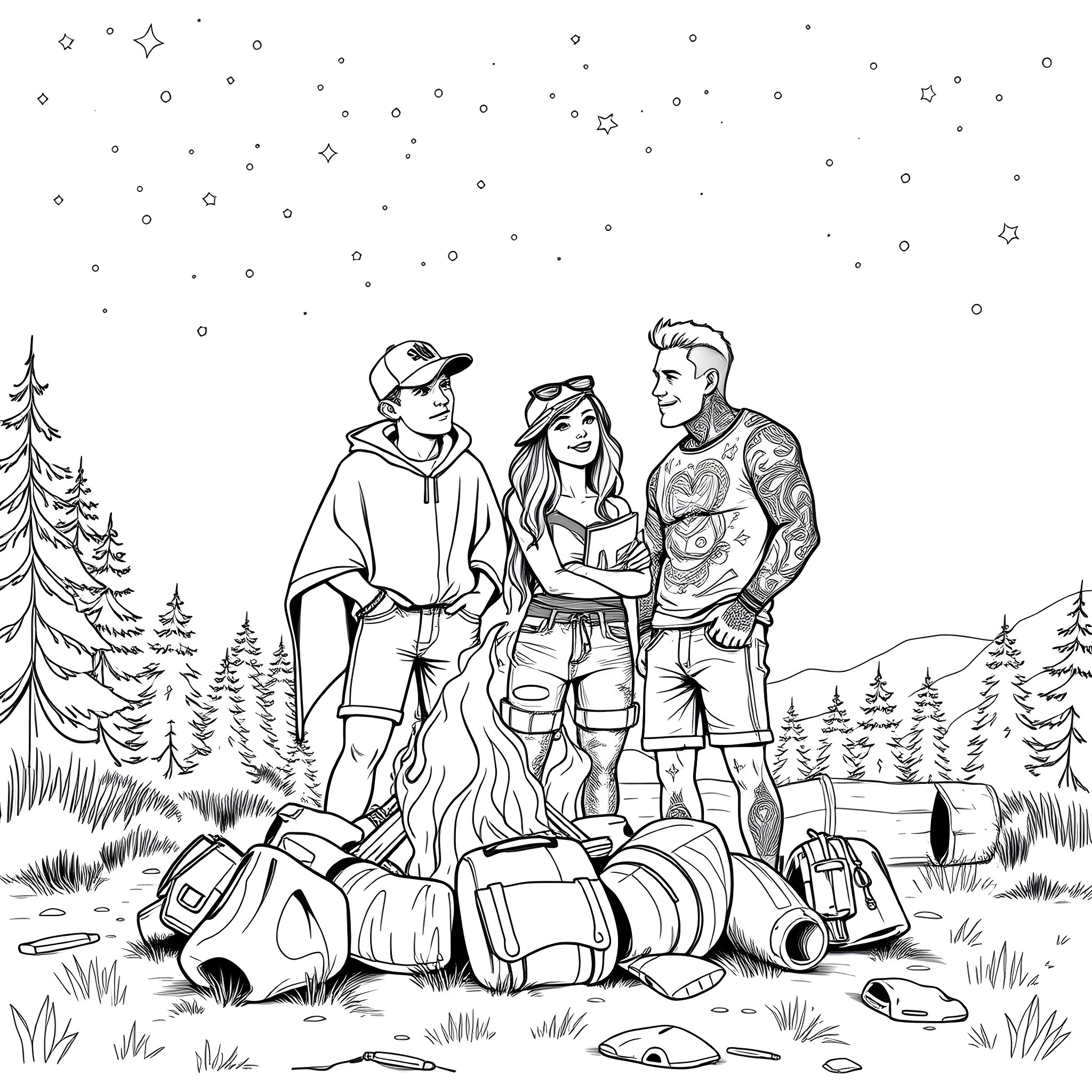 Guy and friends camping in the wilderness Coloring Page (free black-and-white line drawing printable PDF for all, from beginners to advanced learners, including children, teens, adults, and seniors)