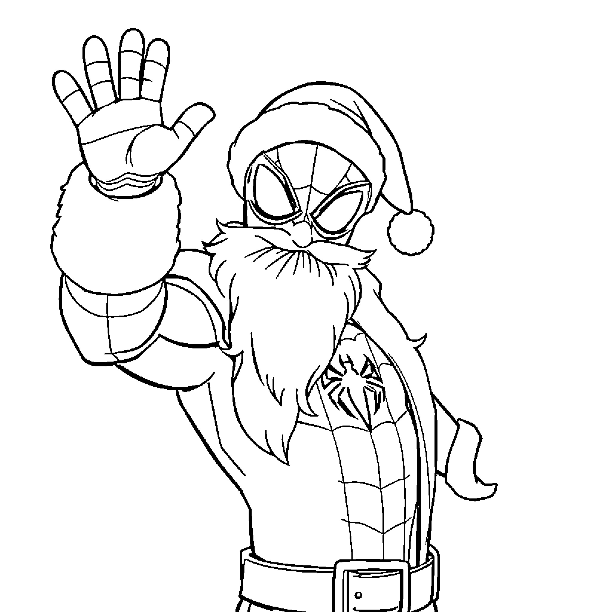 Spider-Man Dressed as Santa Waving Festively Coloring Page (free black-and-white line drawing printable PDF for all, from beginners to advanced learners, including children, teens, adults, and seniors)