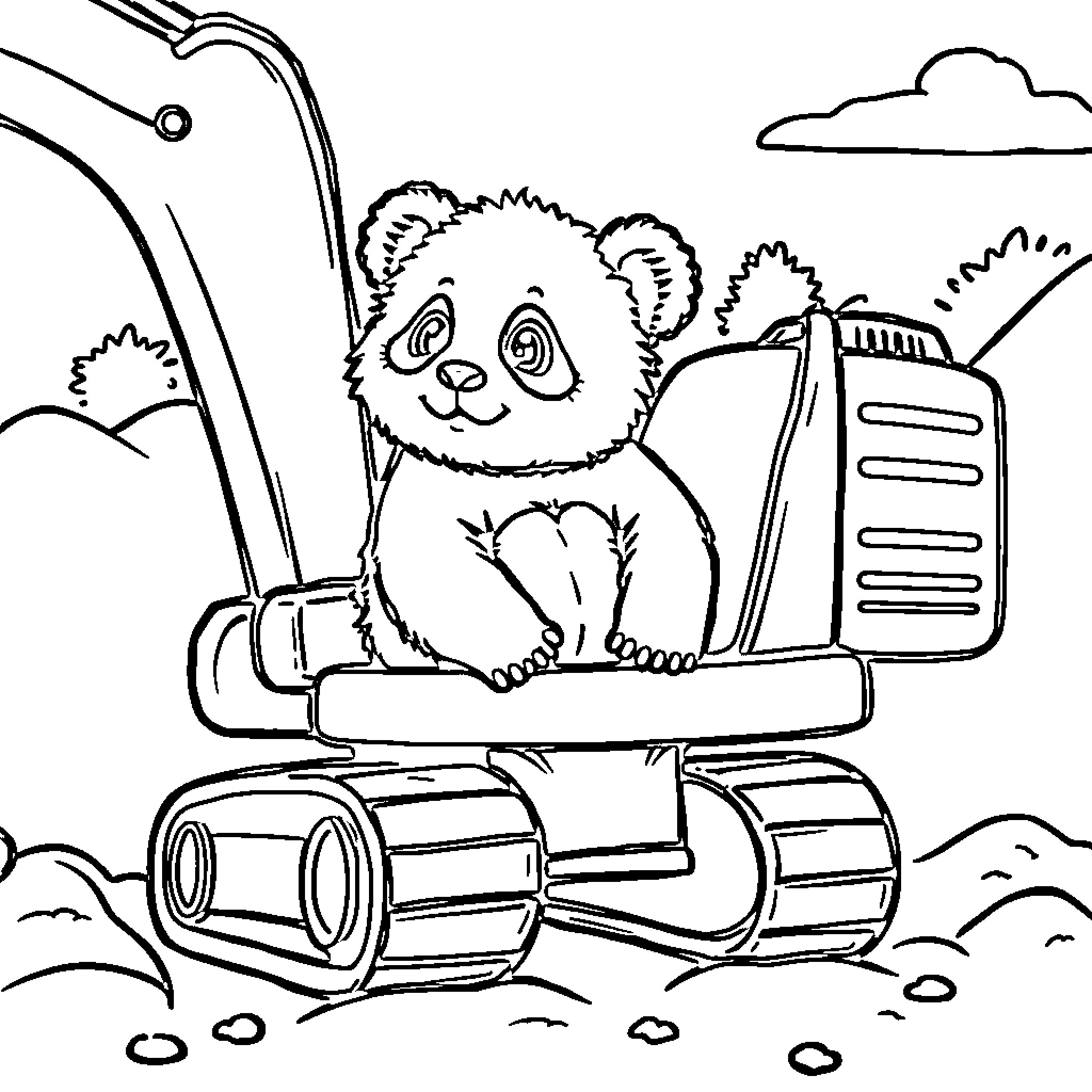 Panda riding a construction vehicle Coloring Page (free black-and-white line drawing printable PDF for all, from beginners to advanced learners, including children, teens, adults, and seniors)