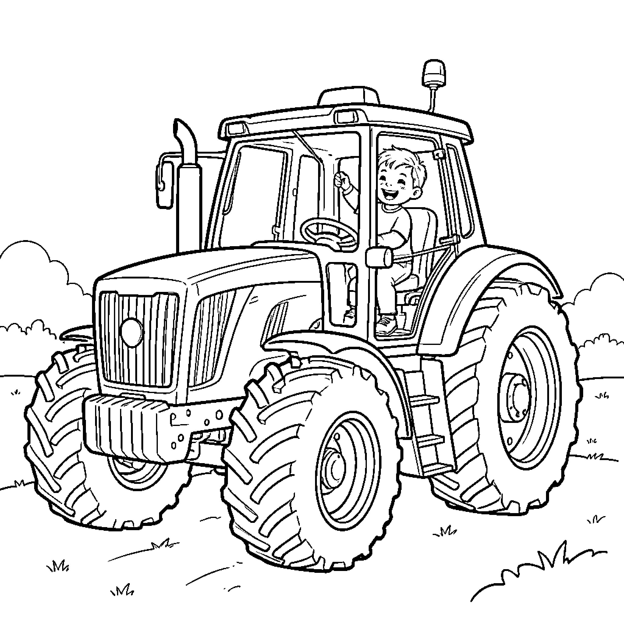 Tractor farmer driving through the countryside Coloring Page (free black-and-white line drawing printable PDF for all, from beginners to advanced learners, including children, teens, adults, and seniors)