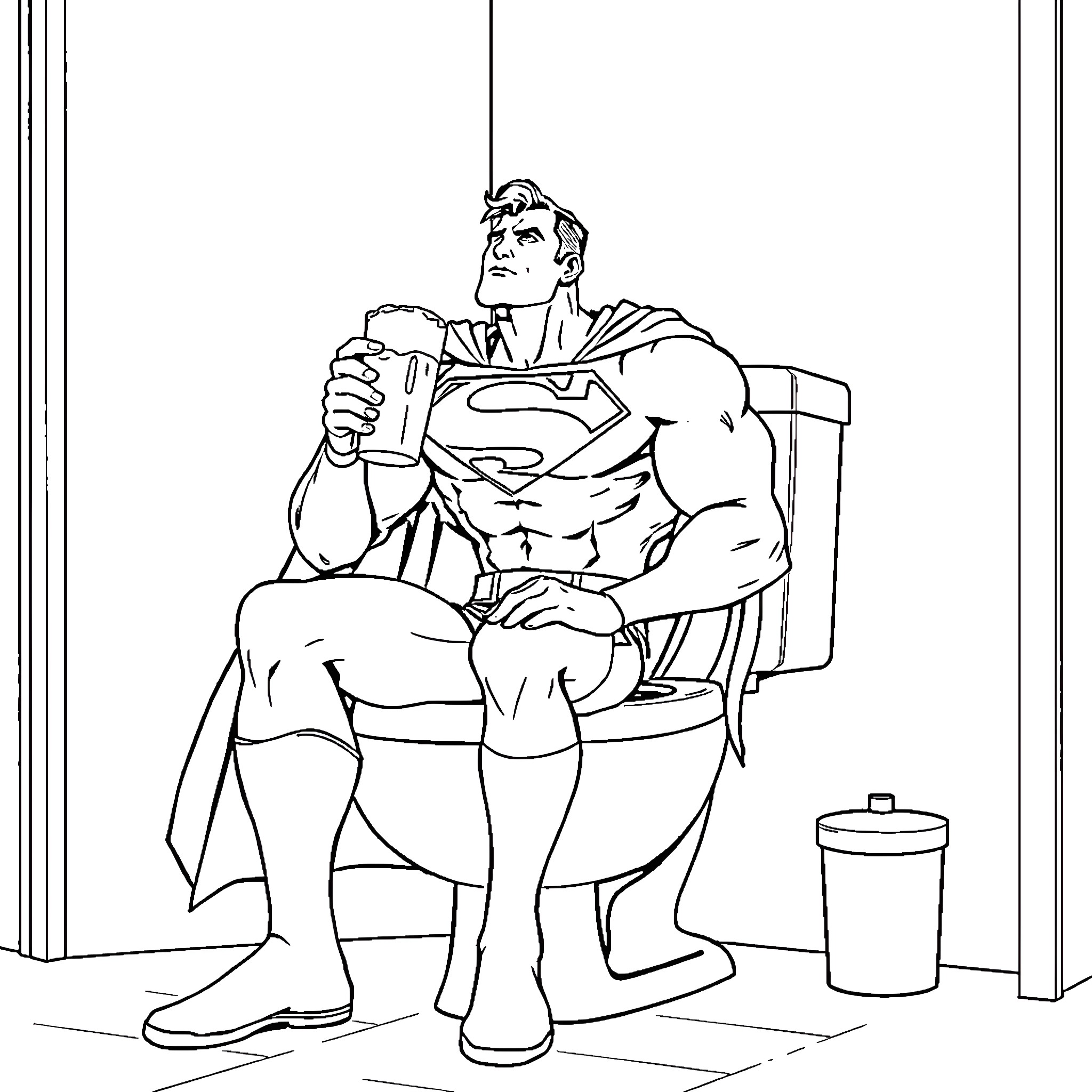 Superman reading a book in contemplation Coloring Page (free black-and-white line drawing printable PDF for all, from beginners to advanced learners, including children, teens, adults, and seniors)