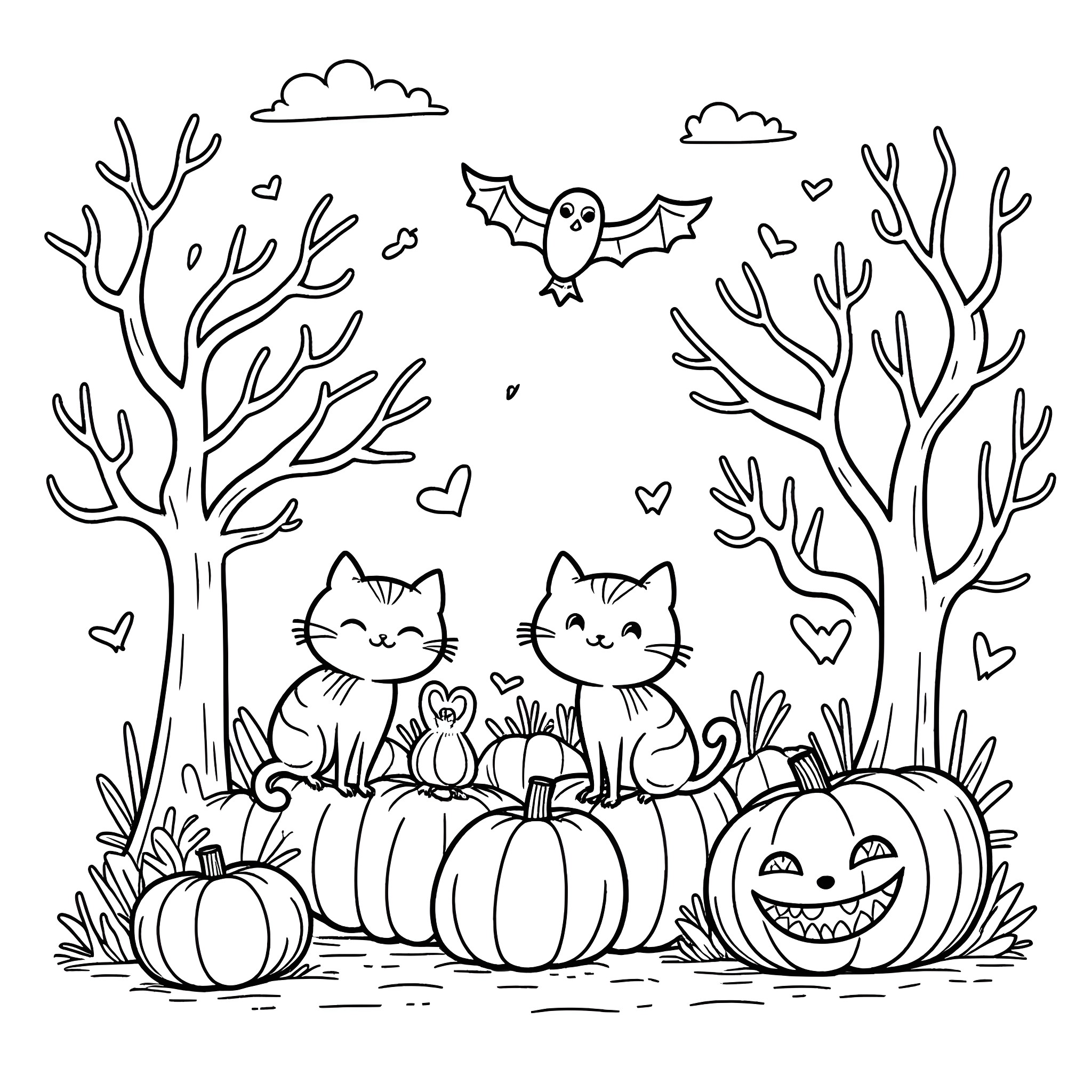 Animal scene with cats, bats, and pumpkins Coloring Page (free black-and-white line drawing printable PDF for all, from beginners to advanced learners, including children, teens, adults, and seniors)
