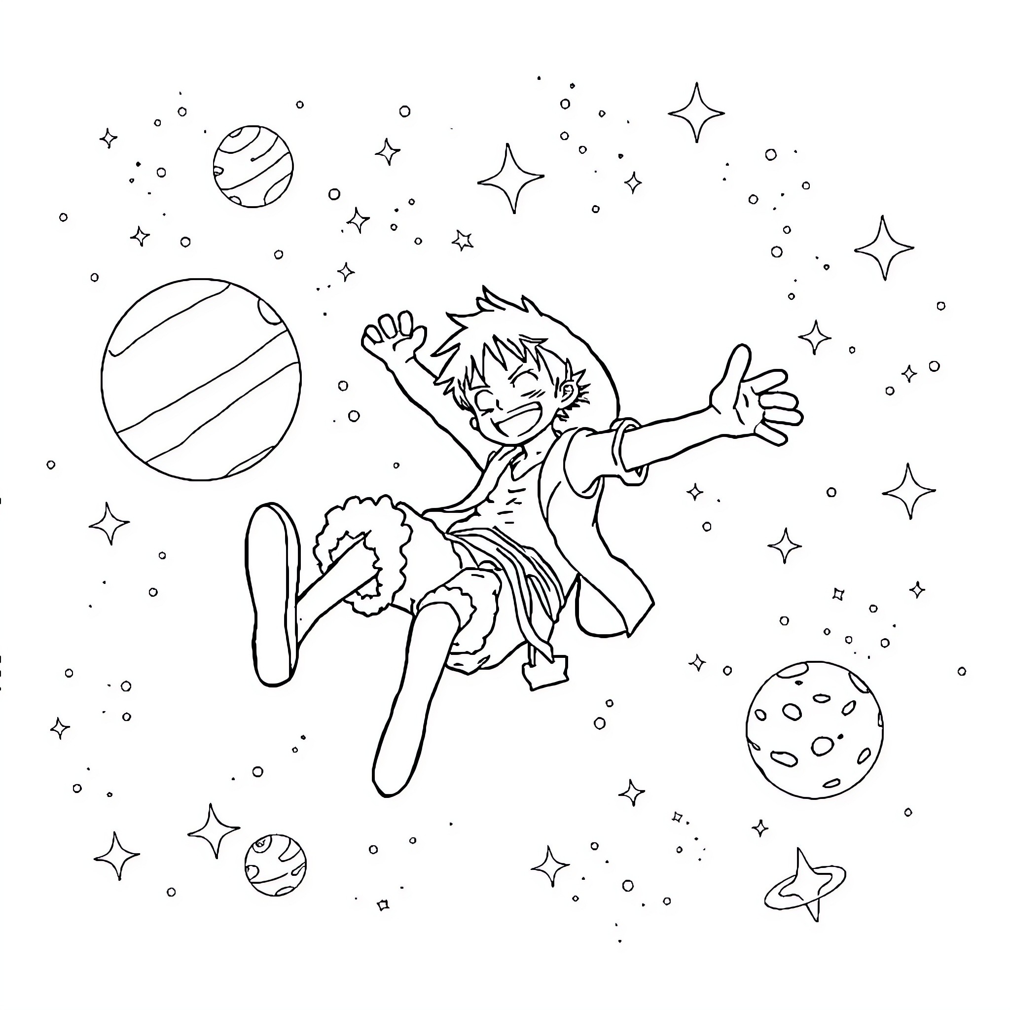 Luffy floating joyfully among planets and stars Coloring Page (free black-and-white line drawing printable PDF for all, from beginners to advanced learners, including children, teens, adults, and seniors)