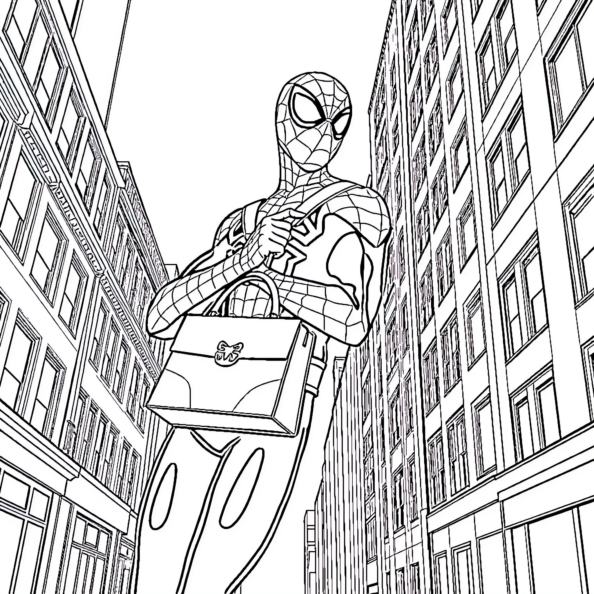 Spiderman swinging through the city on a web Coloring Page (free black-and-white line drawing printable PDF for all, from beginners to advanced learners, including children, teens, adults, and seniors)