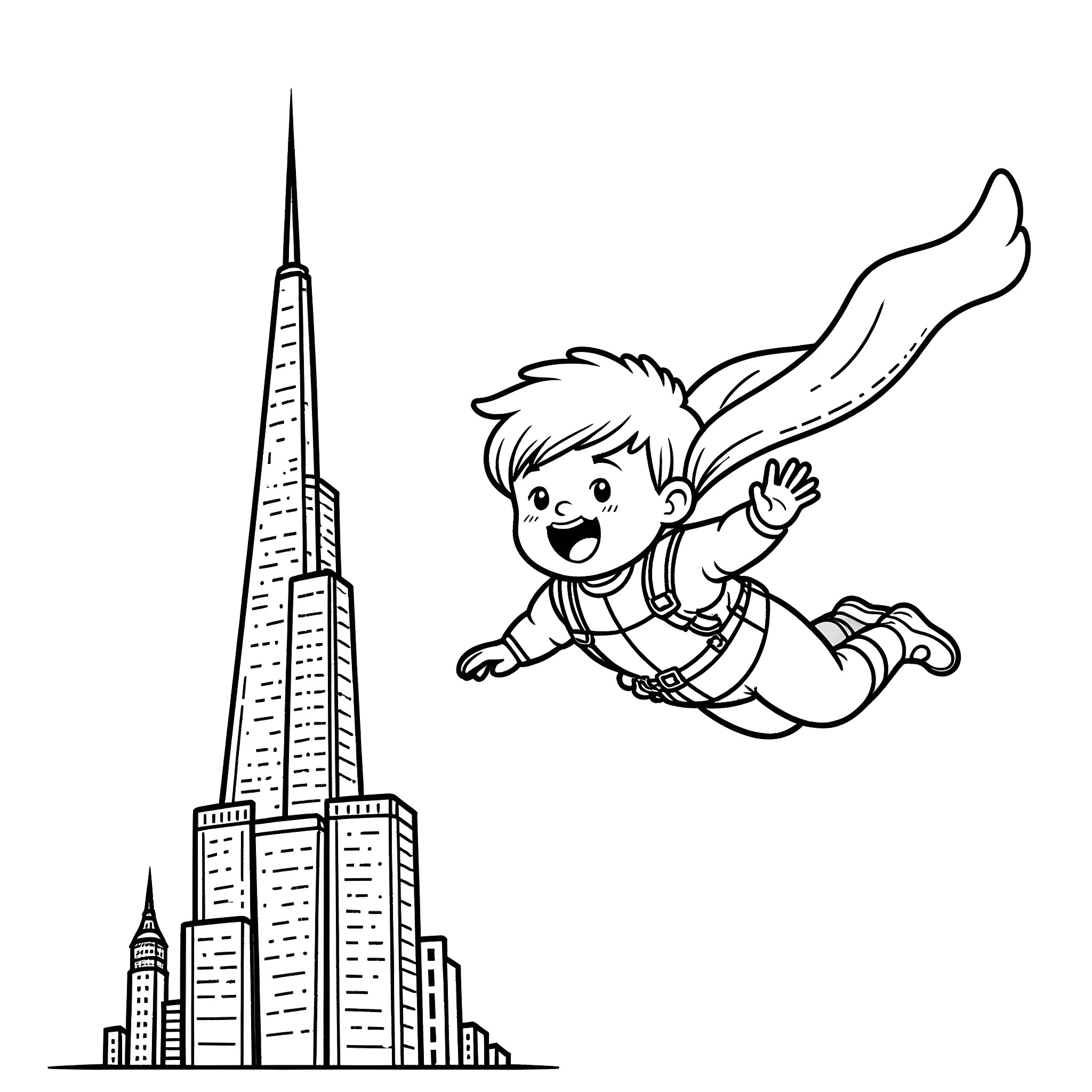 Baby soaring happily over the city skyline Coloring Page (free black-and-white line drawing printable PDF for all, from beginners to advanced learners, including children, teens, adults, and seniors)