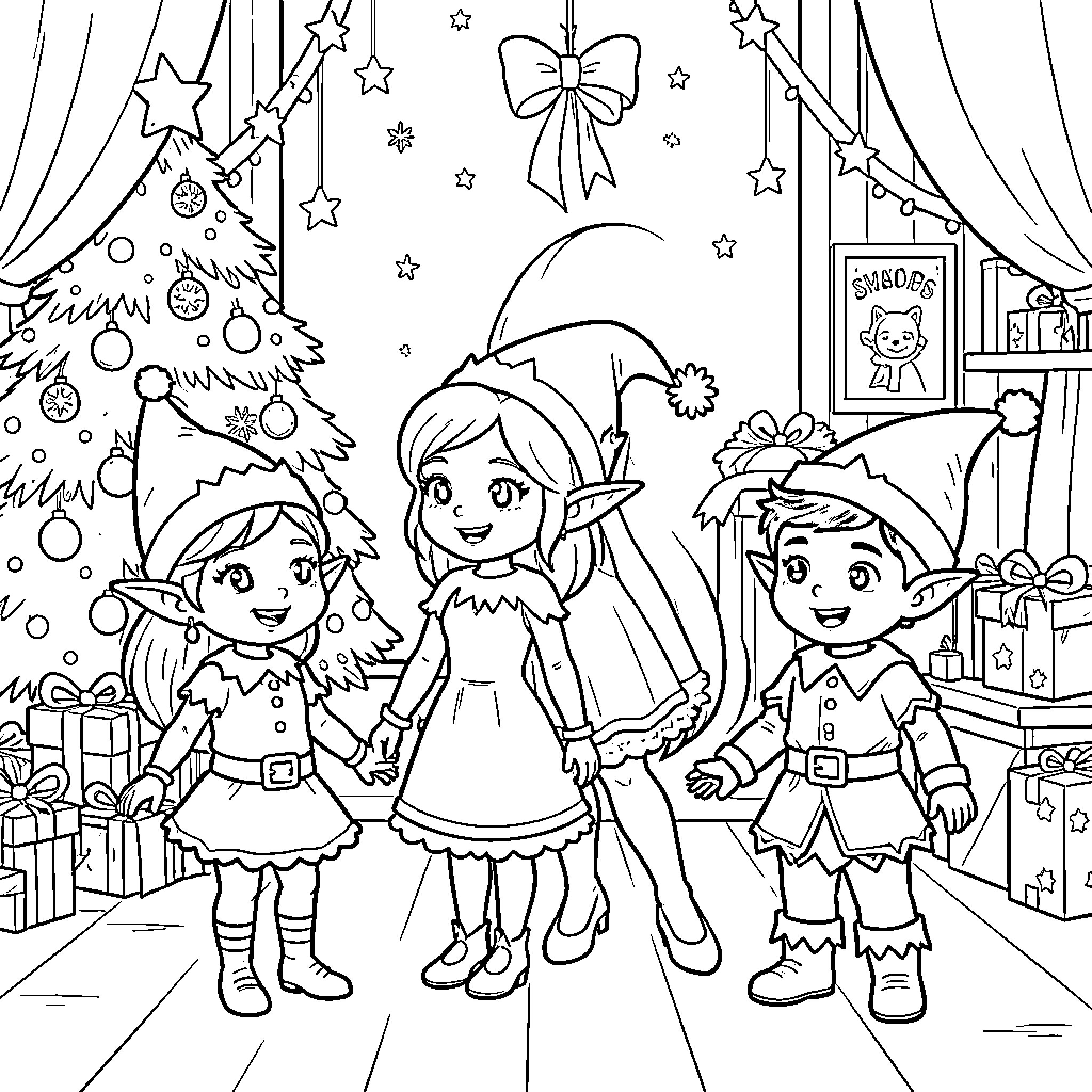 Lutin elves celebrating together near a Christmas tree Coloring Page (free black-and-white line drawing printable PDF for all, from beginners to advanced learners, including children, teens, adults, and seniors)