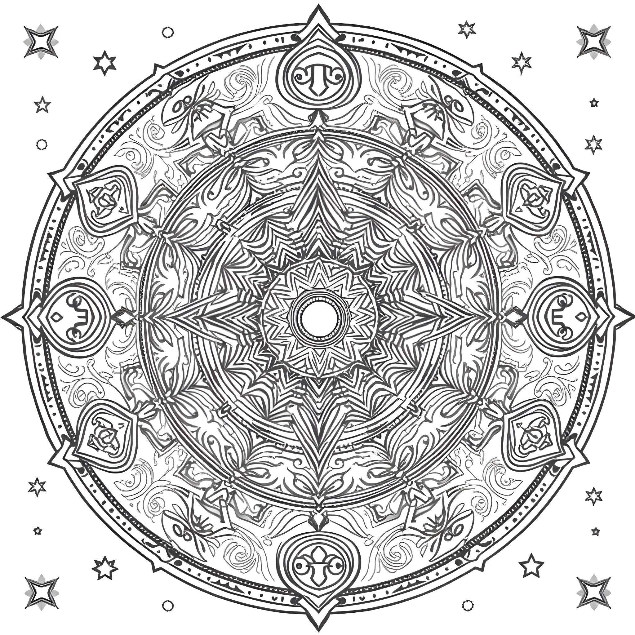 Astrology Mandala of Celestial Symbols and Patterns Coloring Page (free black-and-white line drawing printable PDF for all, from beginners to advanced learners, including children, teens, adults, and seniors)