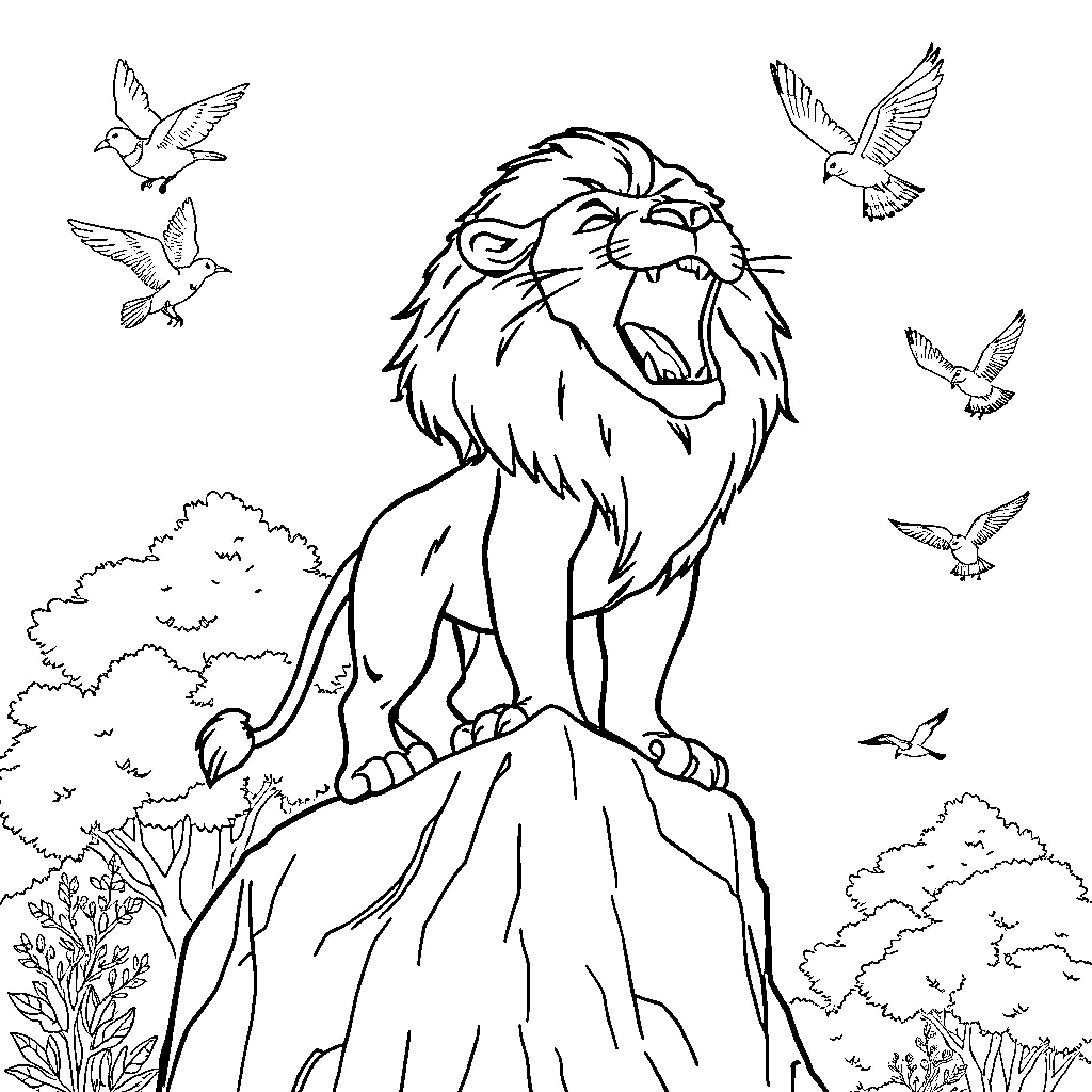 Lion roaring atop a mountain with birds Coloring Page (free black-and-white line drawing printable PDF for all, from beginners to advanced learners, including children, teens, adults, and seniors)