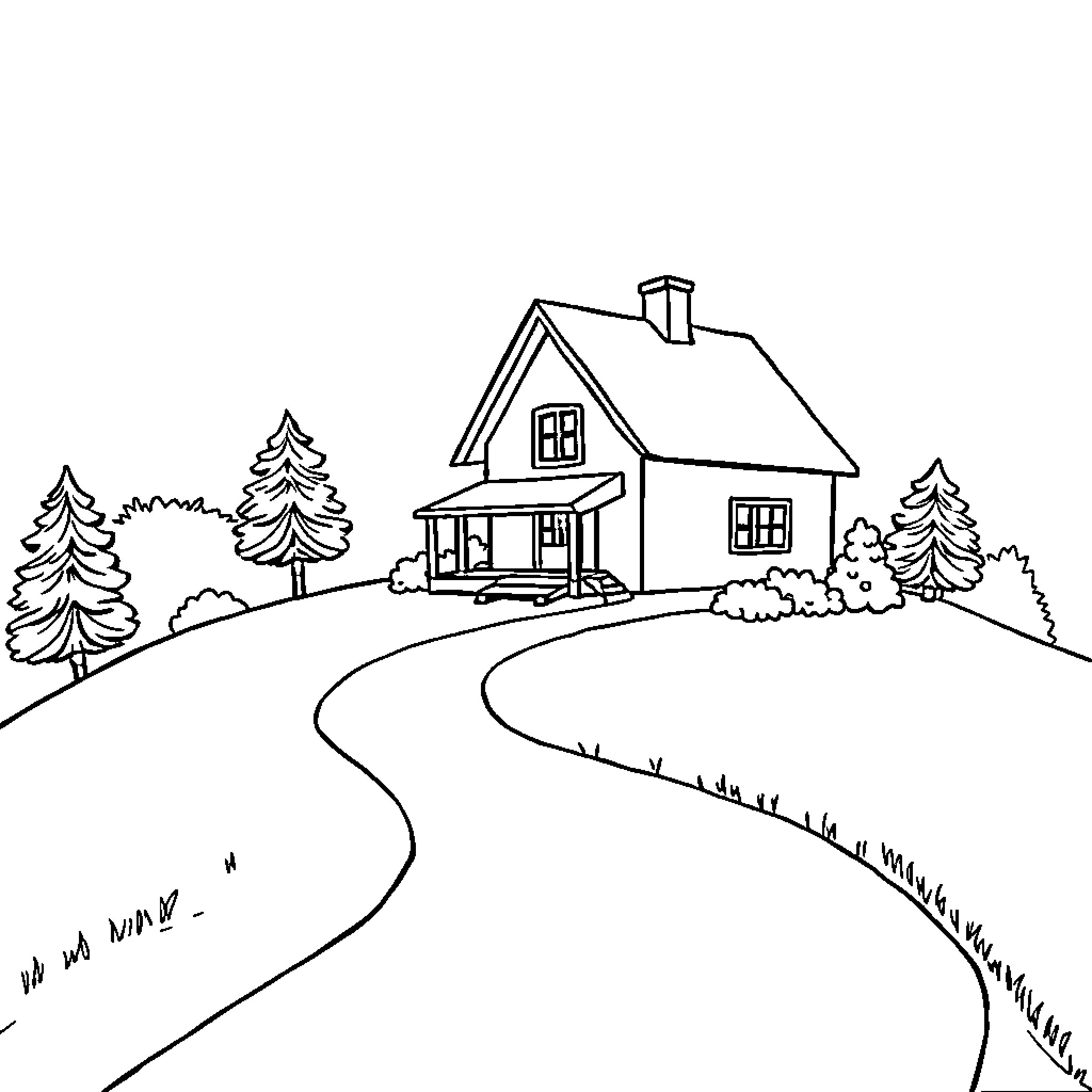 House on Countryside Path with Trees Coloring Page (free black-and-white line drawing printable PDF for all, from beginners to advanced learners, including children, teens, adults, and seniors)