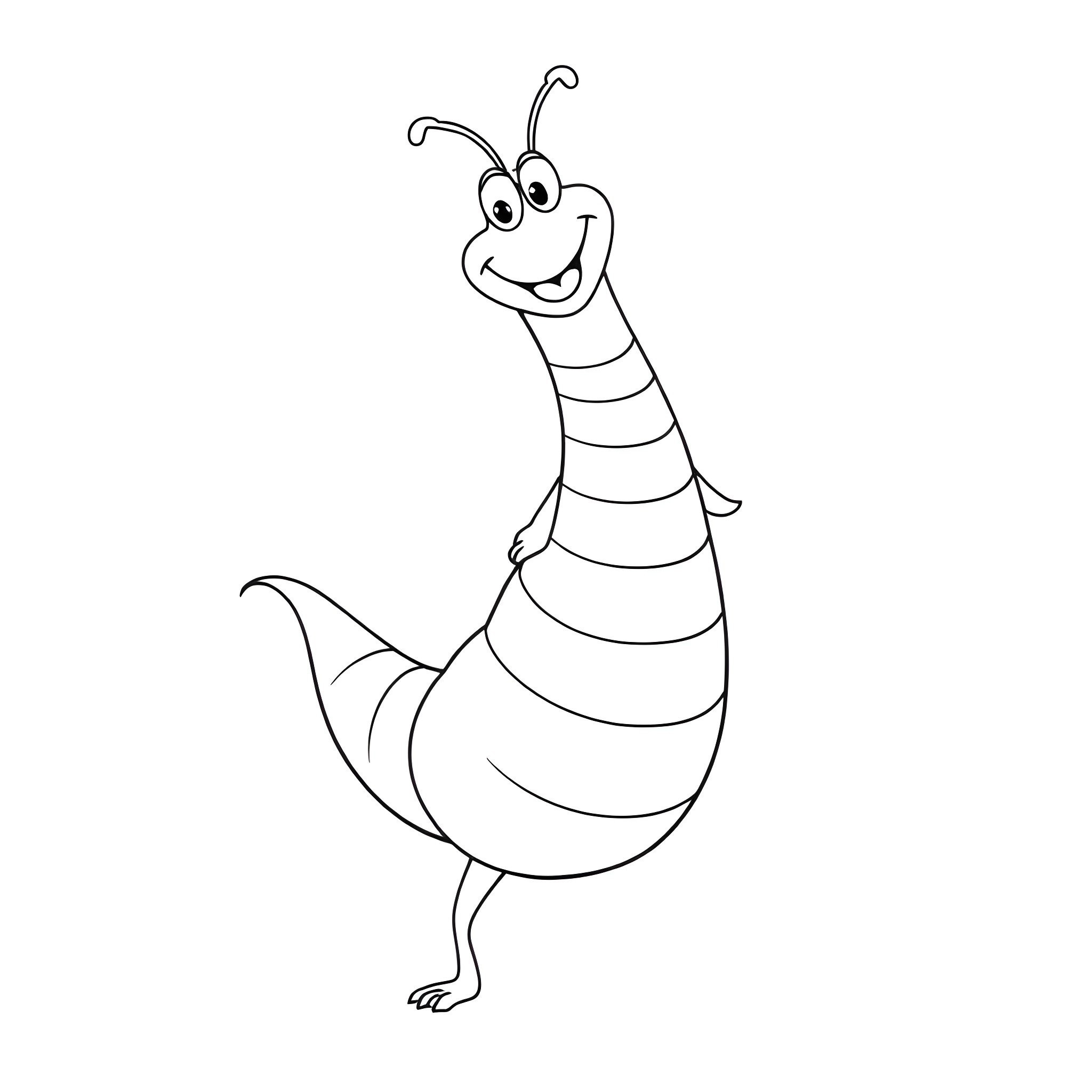 Worm smiling and dancing happily Coloring Page (free black-and-white line drawing printable PDF for all, from beginners to advanced learners, including children, teens, adults, and seniors)
