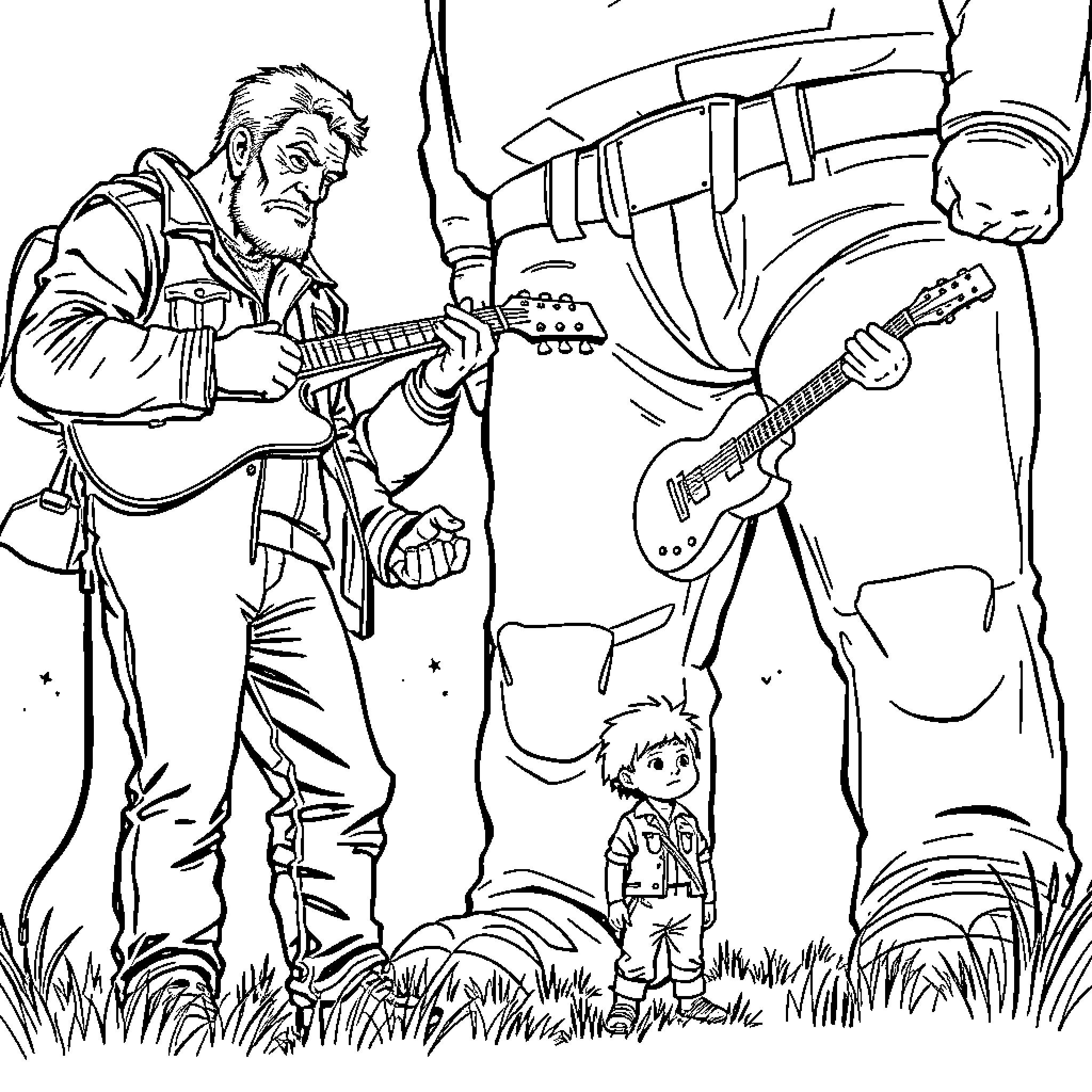 Boy Watches Men Playing Guitars in Nature Coloring Page (free black-and-white line drawing printable PDF for all, from beginners to advanced learners, including children, teens, adults, and seniors)