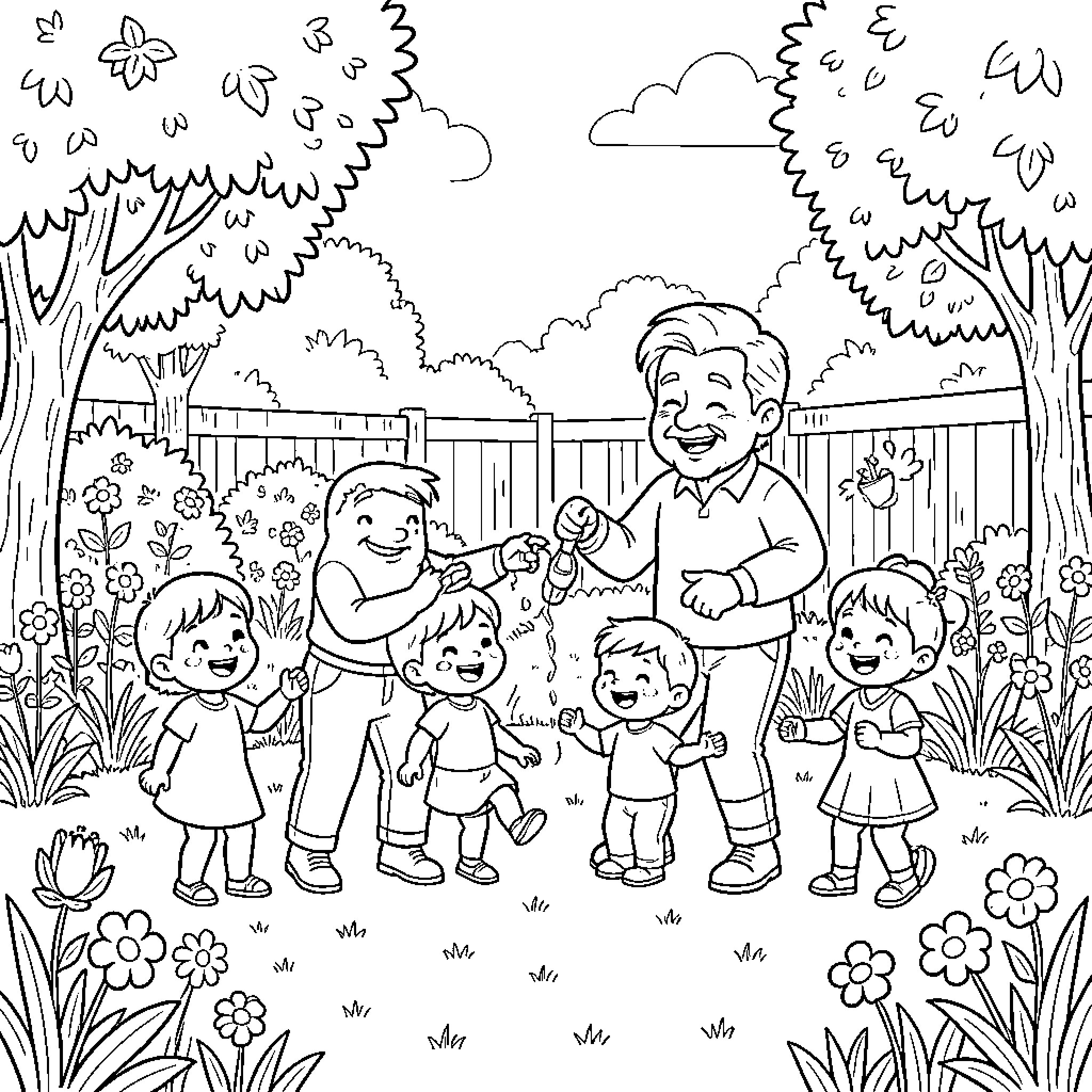 Barba Papa enjoying a joyful time with his family Coloring Page (free black-and-white line drawing printable PDF for all, from beginners to advanced learners, including children, teens, adults, and seniors)