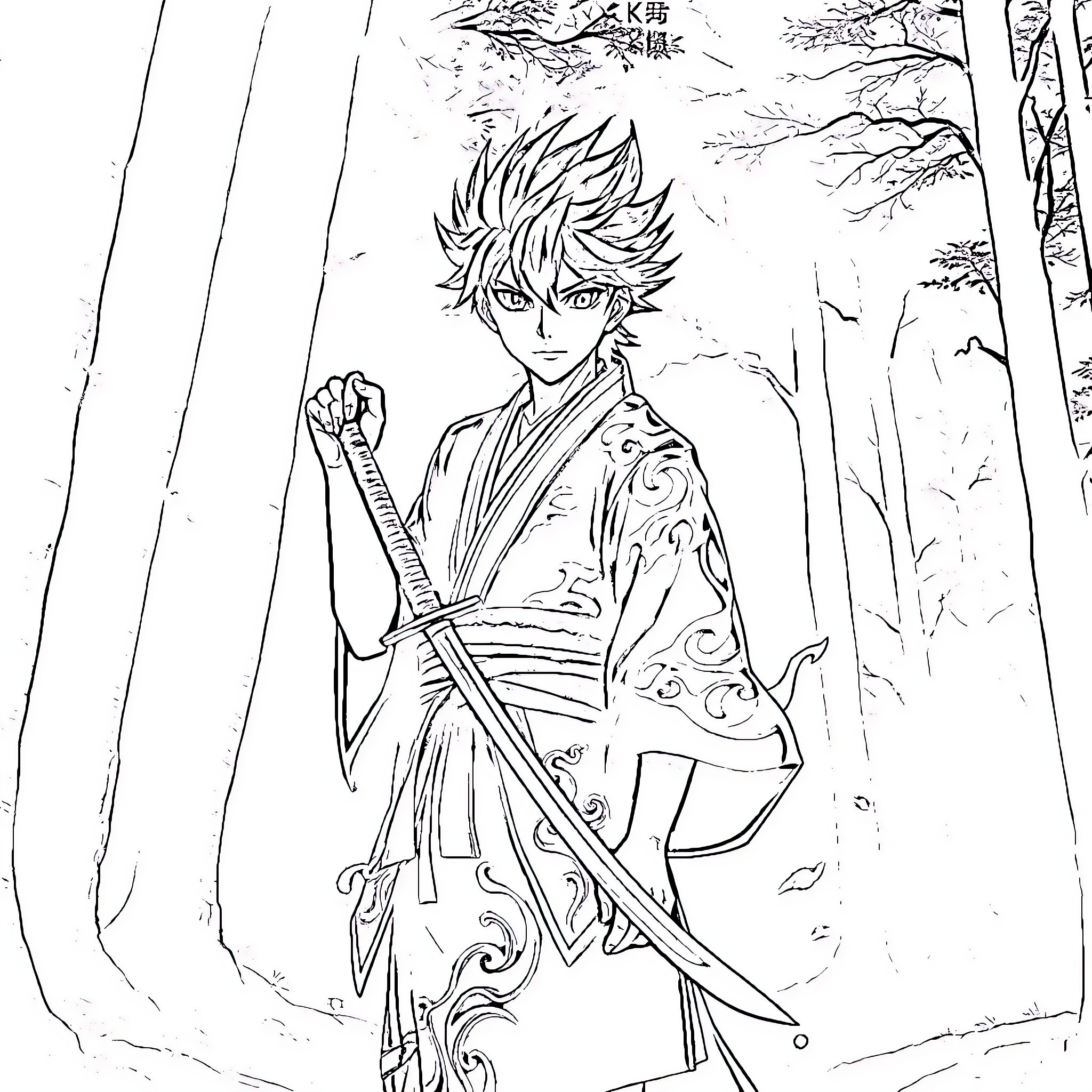 Anime Character in Samurai Outfit Wielding Sword in Forest Coloring Page (free black-and-white line drawing printable PDF for all, from beginners to advanced learners, including children, teens, adults, and seniors)